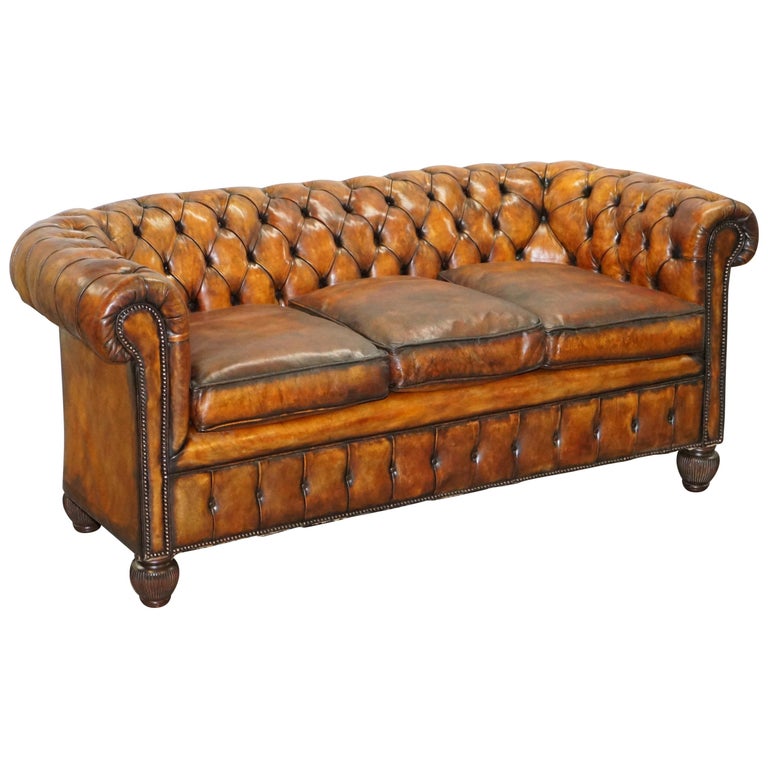 1900s Hand Dyed Whisky Brown Leather Feather Cushions Chesterfield Club Sofa For Sale