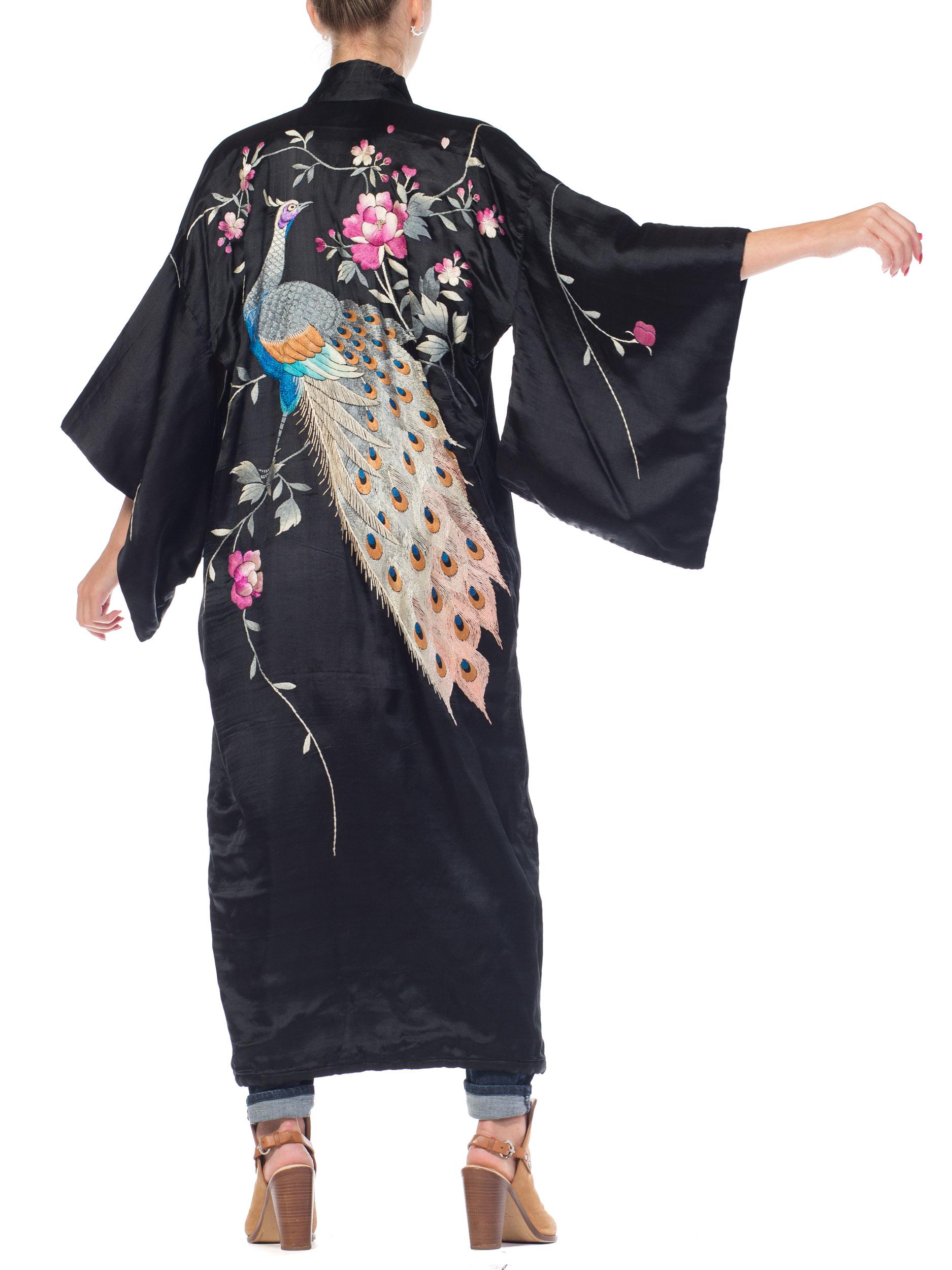 1900S Hand Embroidered Silk Antique Edwardian Peacock  KimonoRobe For Sale 2