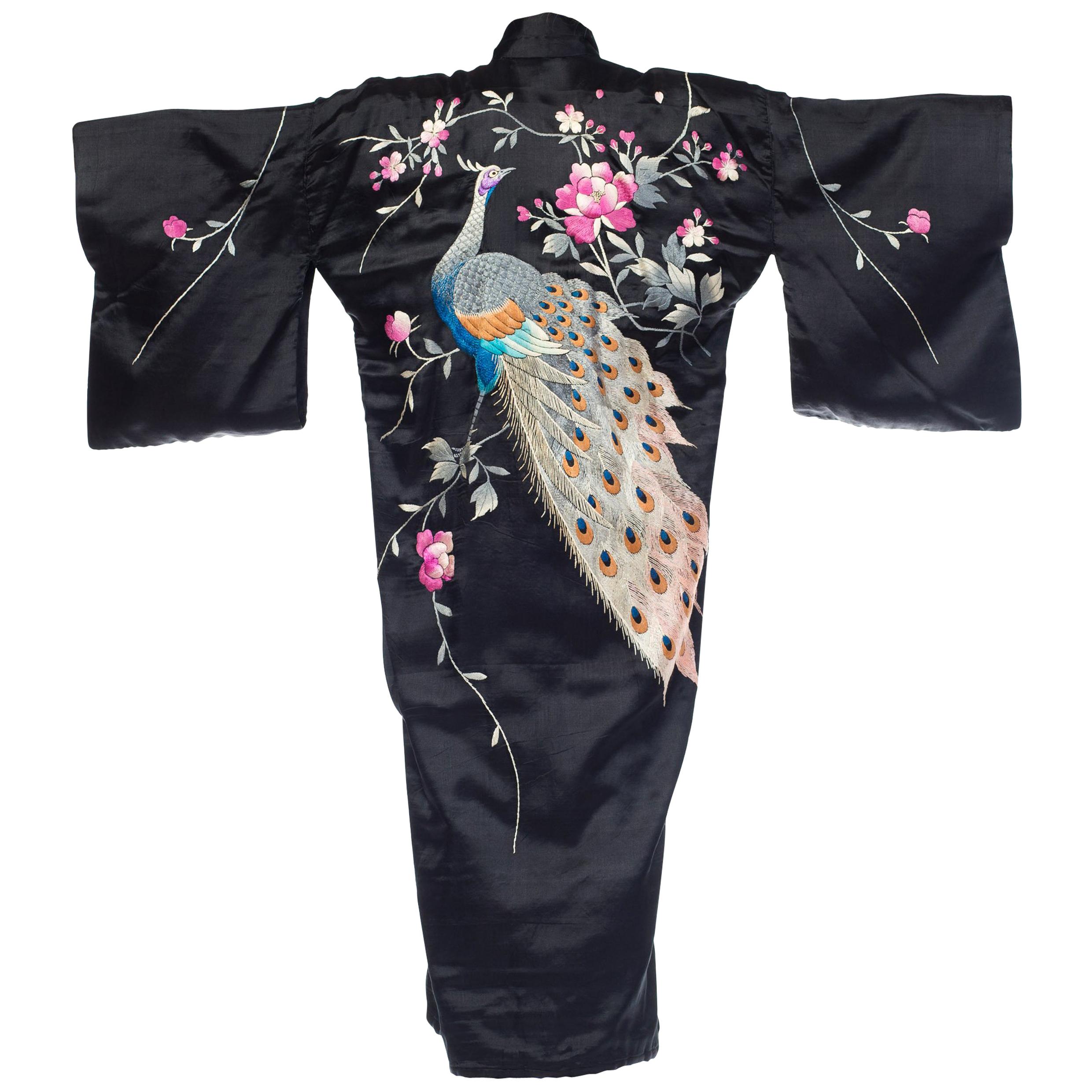 Embroidered Peacock Kimono One Size