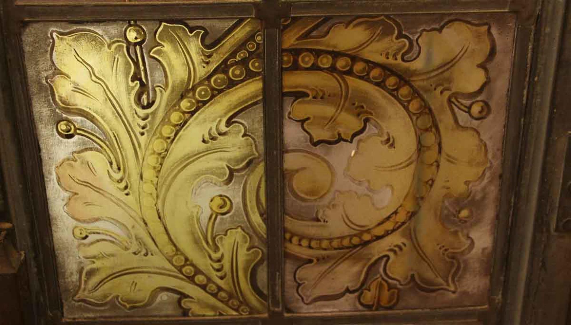 20th Century 1900s Hand Painted Amber Arched Top Stained Glass Window in Bronze Frame