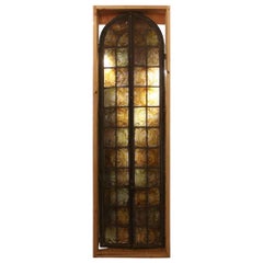 1900s Hand Painted Amber Arched Top Stained Glass Window in Bronze Frame