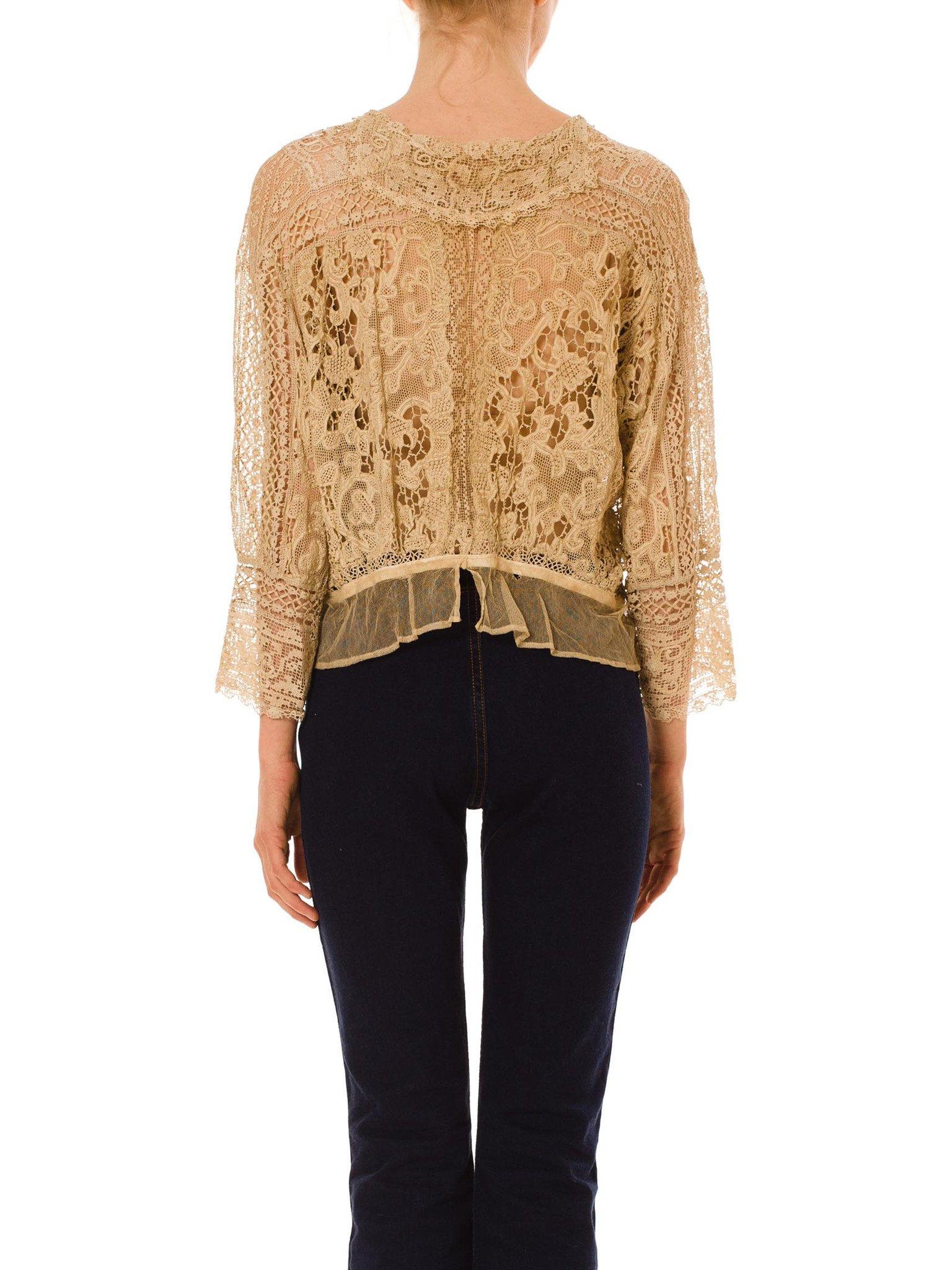 Edwardian Tan Cotton Exceptional Hand Made Antique Lace Blouse XL In Excellent Condition In New York, NY