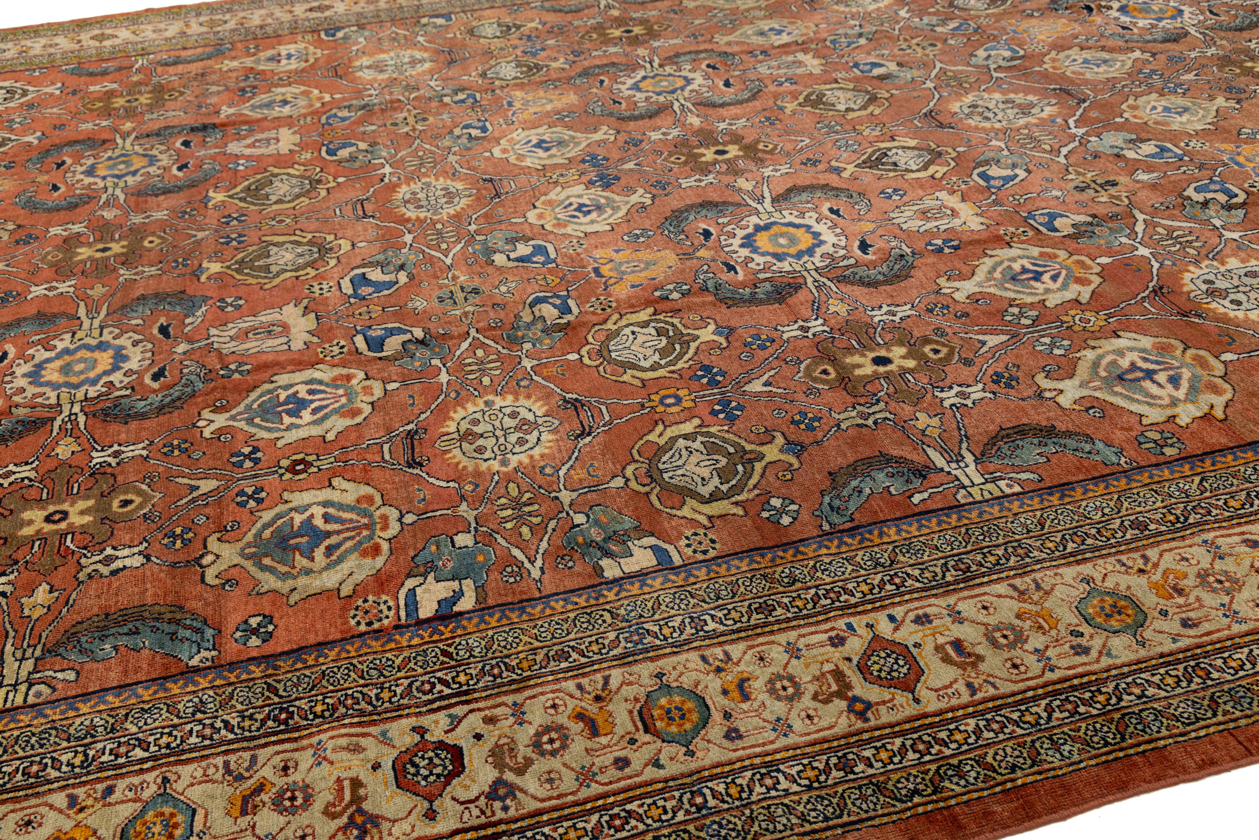 Noué à la main 1900s Handmade Persian Mahal Wool Rug In Reddish-Brown With Floral Design en vente
