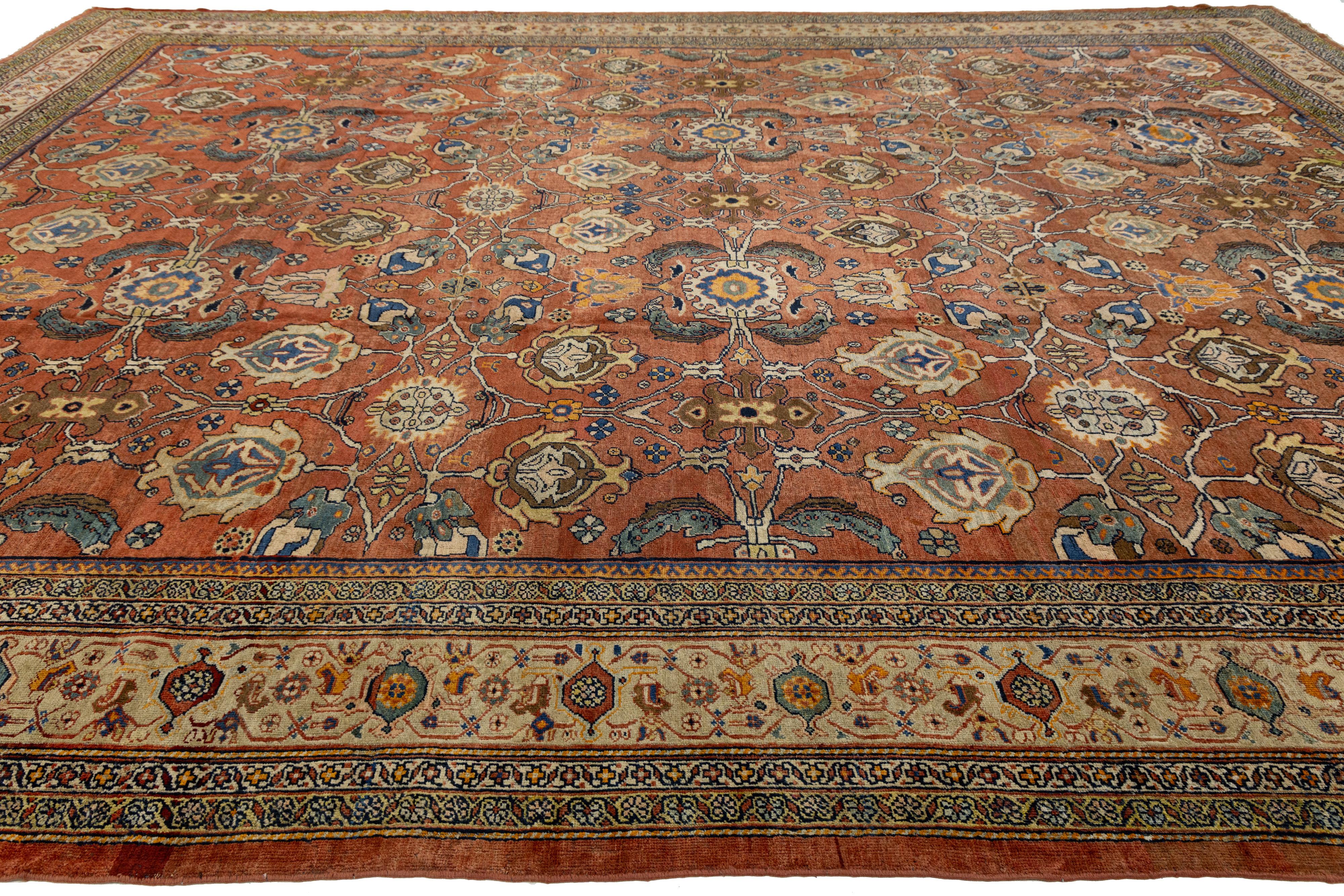1900s Handmade Persian Mahal Wool Rug In Reddish-Brown With Floral Design Excellent état - En vente à Norwalk, CT