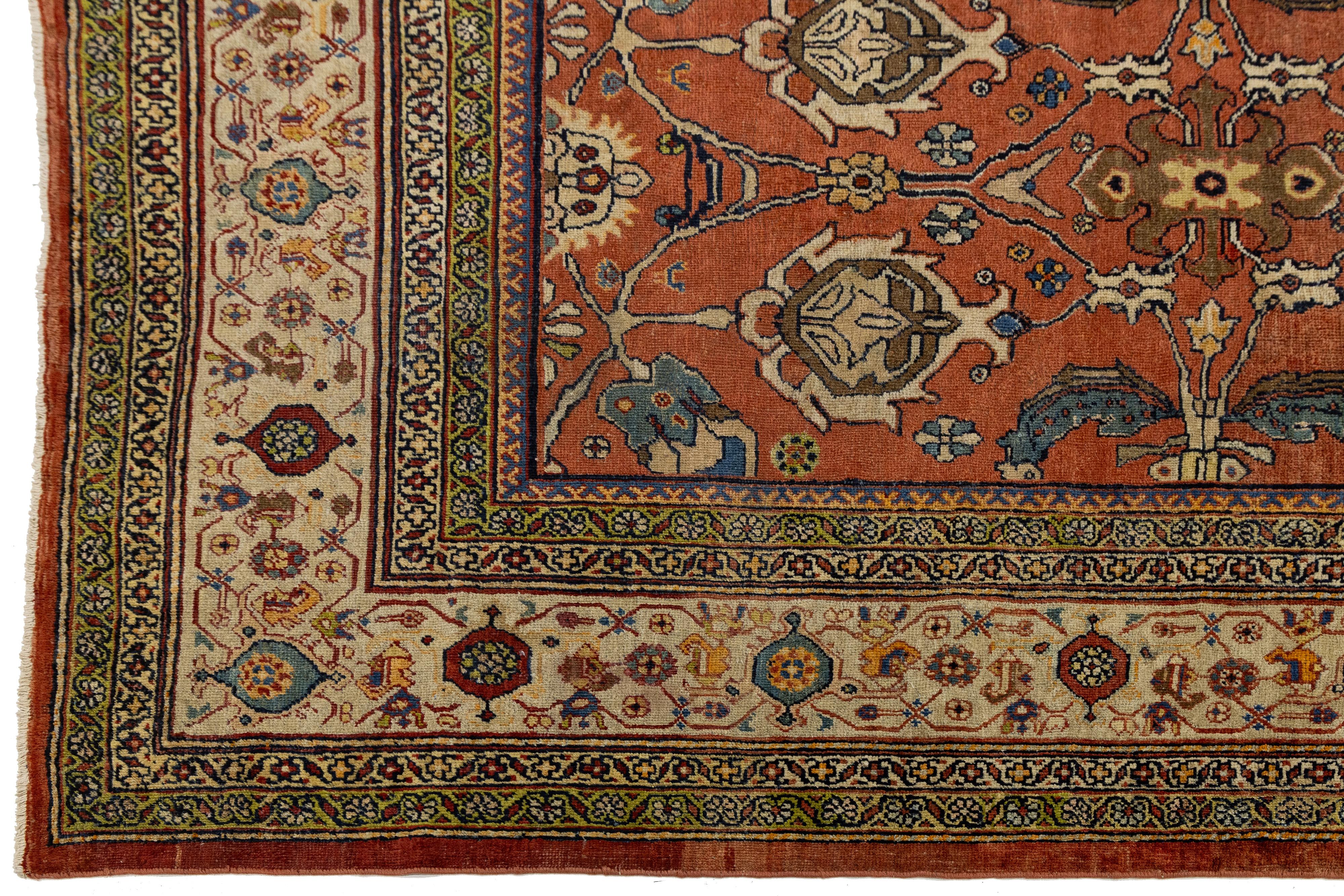 20ième siècle 1900s Handmade Persian Mahal Wool Rug In Reddish-Brown With Floral Design en vente