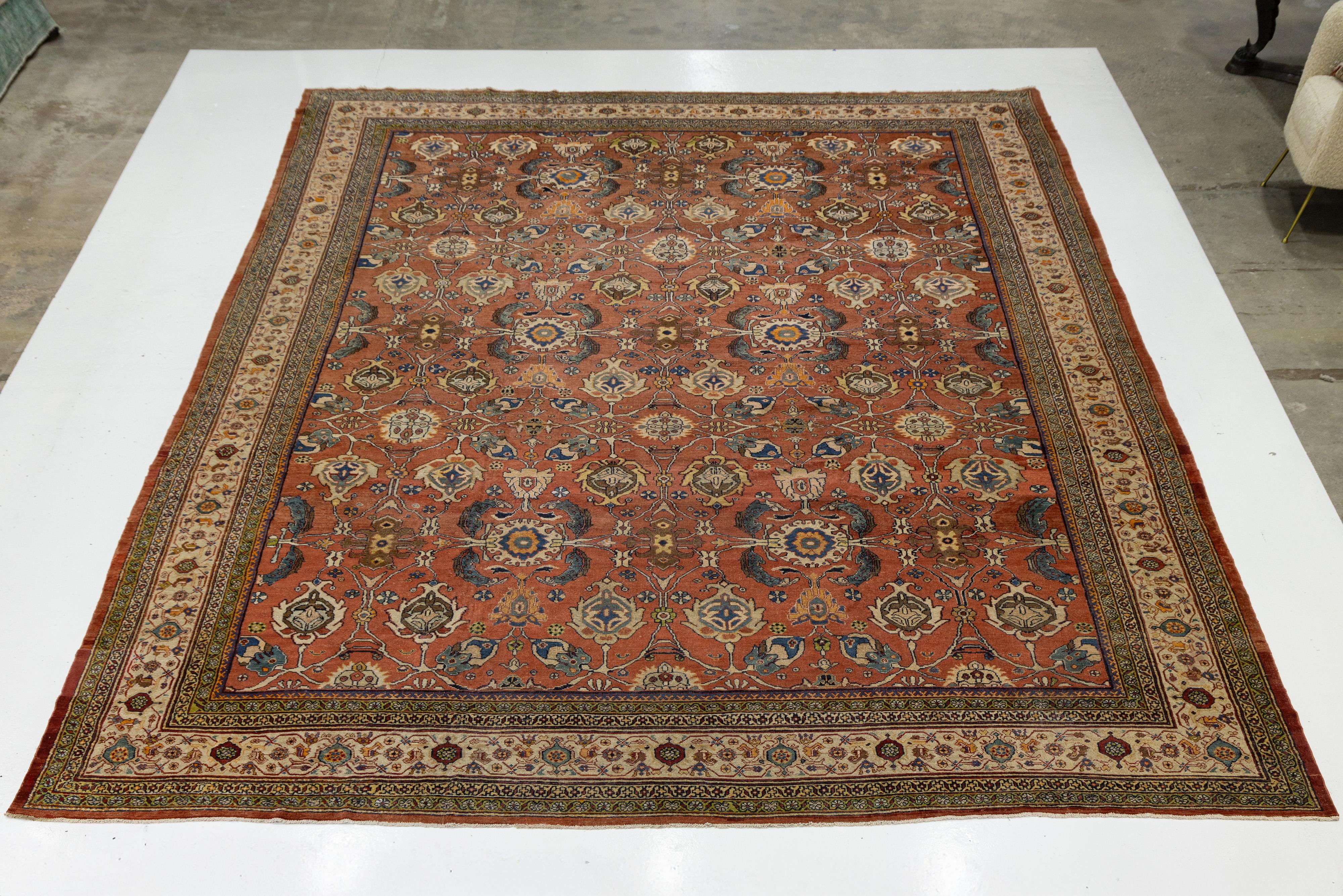 1900s Handmade Persian Mahal Wool Rug In Reddish-Brown With Floral Design en vente 1
