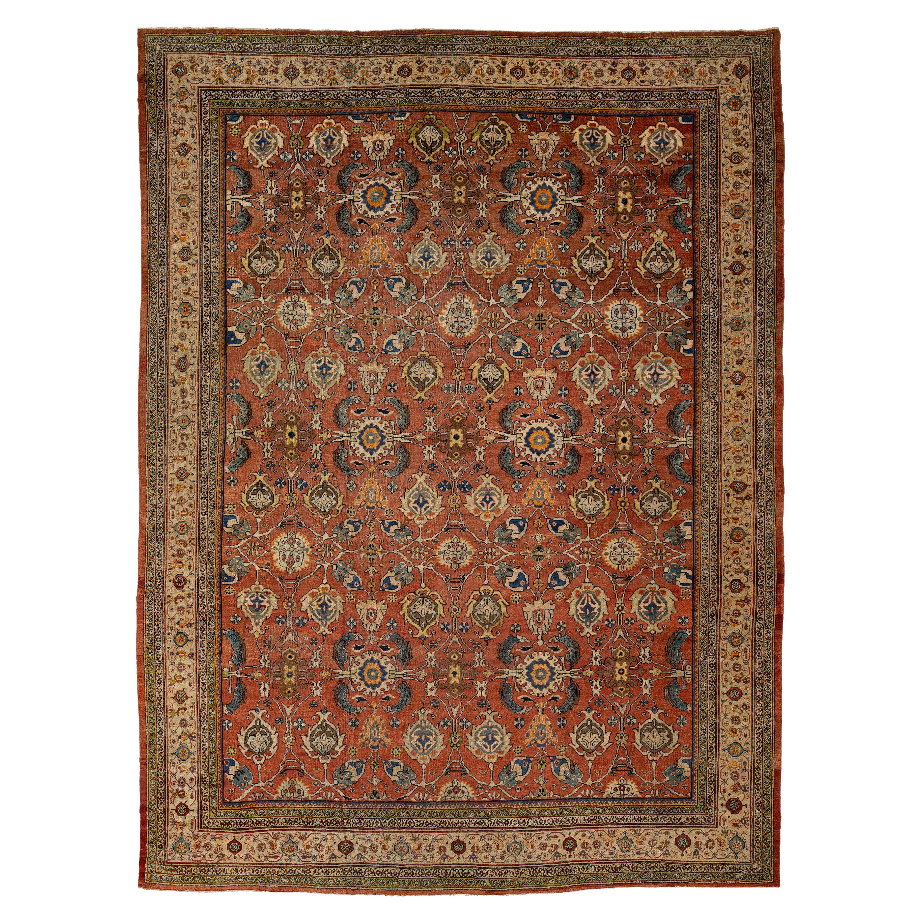1900s Handmade Persian Mahal Wool Rug In Reddish-Brown With Floral Design
