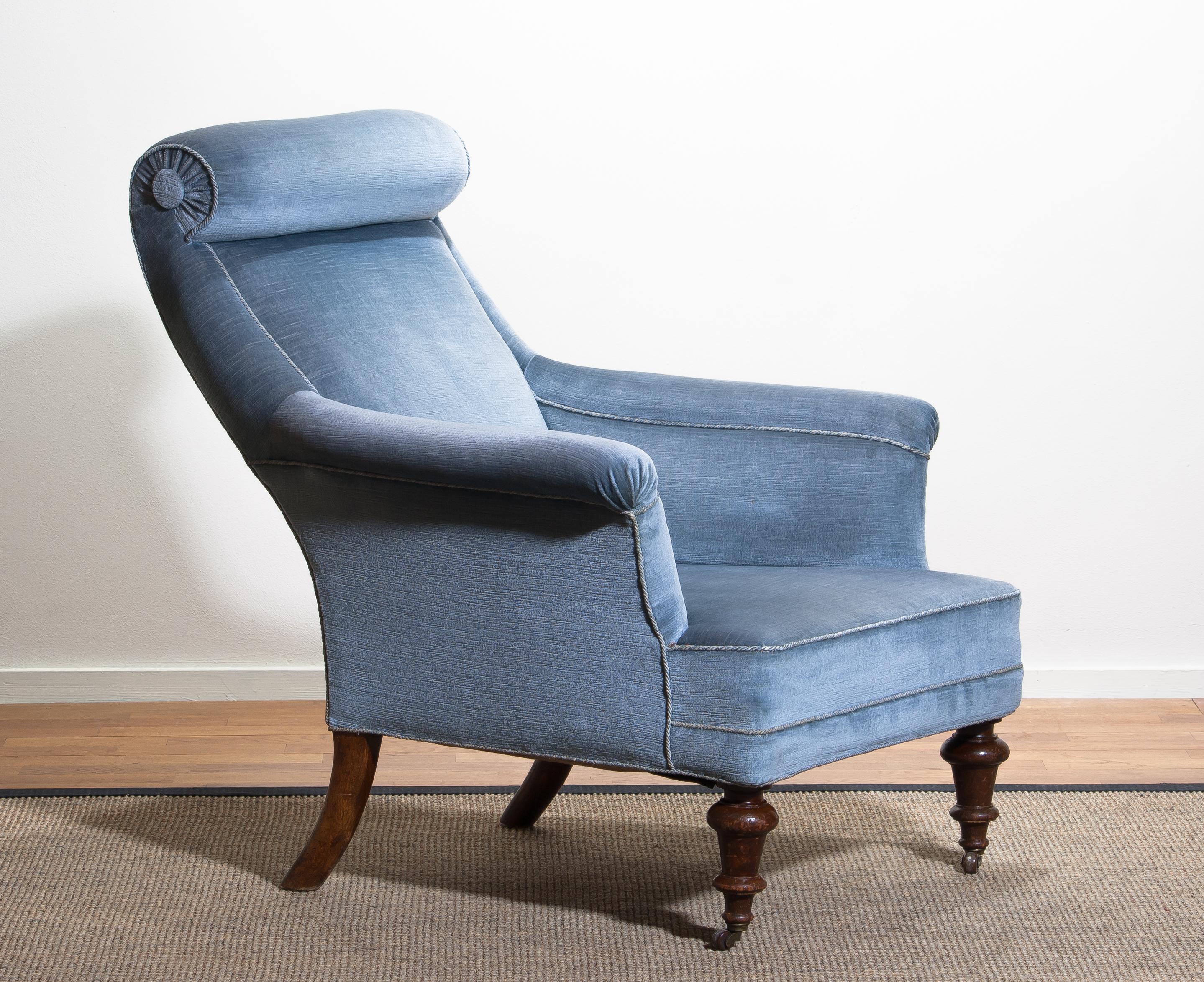 1900s, Ice Blue Velvet Dorothy Draper Style Bergère Lounge Club Chair 1 2