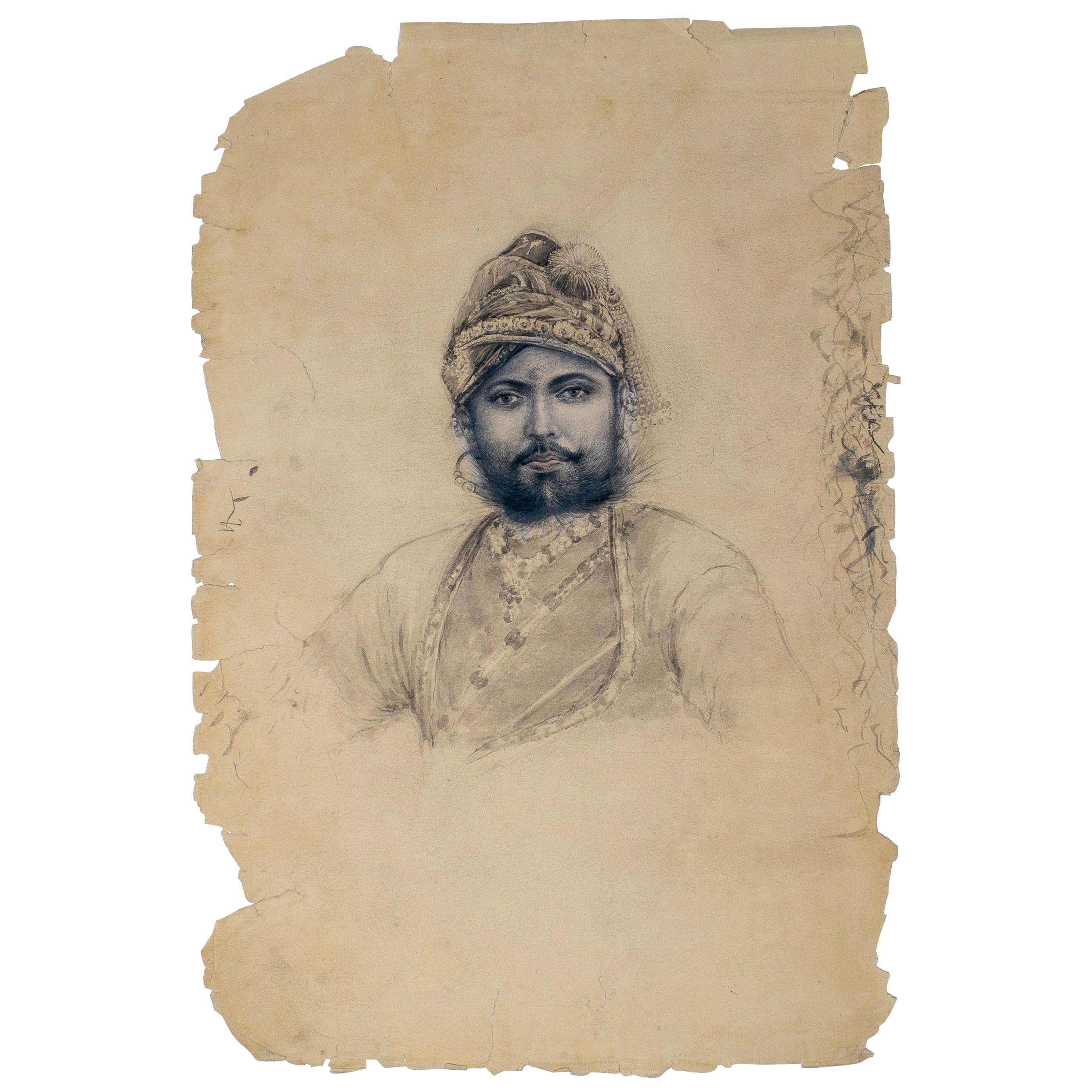 1900s Indian Portrait on Paper of Man with Turban For Sale