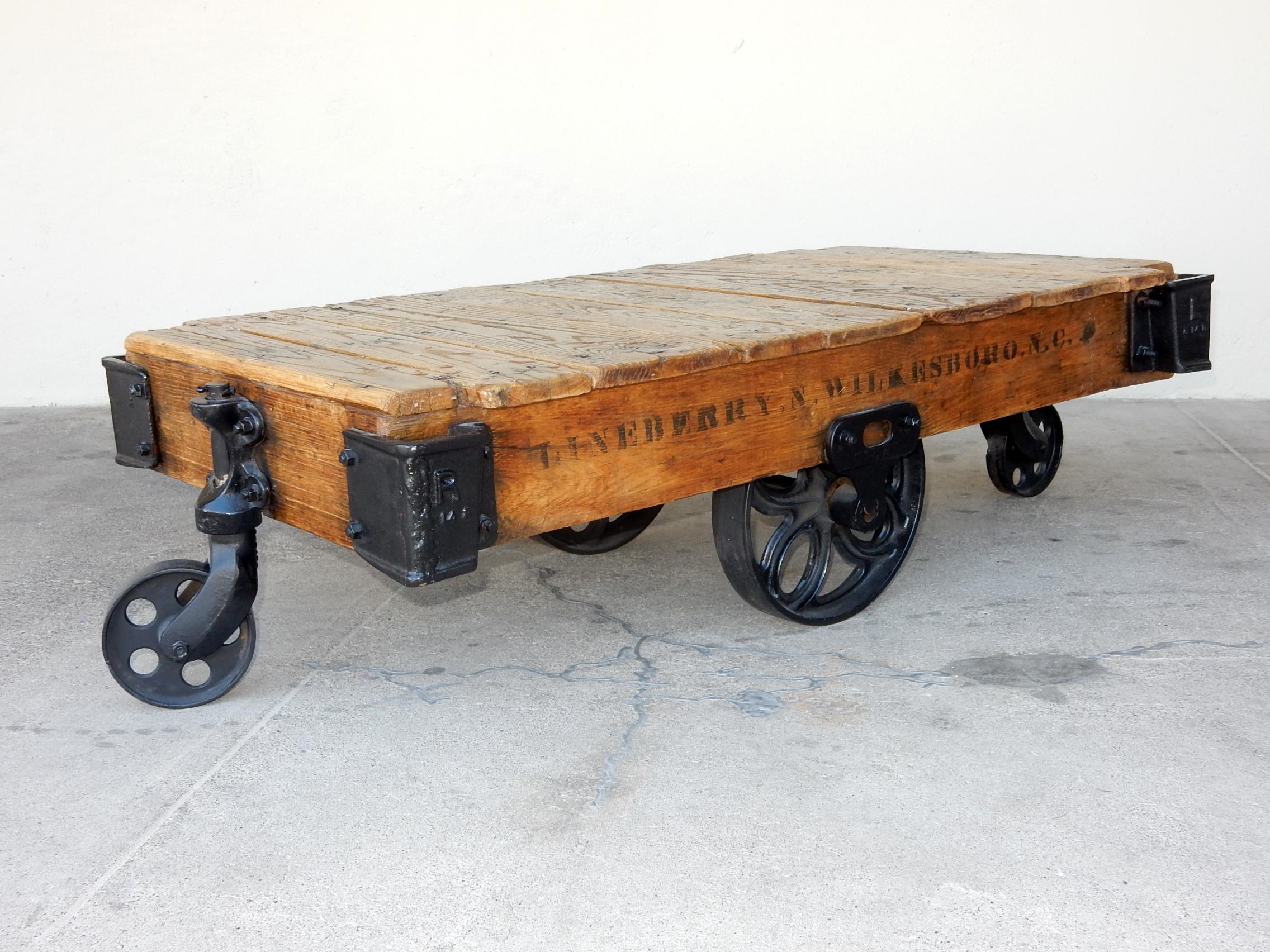 20th Century 1900's Industrial Oak and Iron Mill Trolley Cart Coffee Table