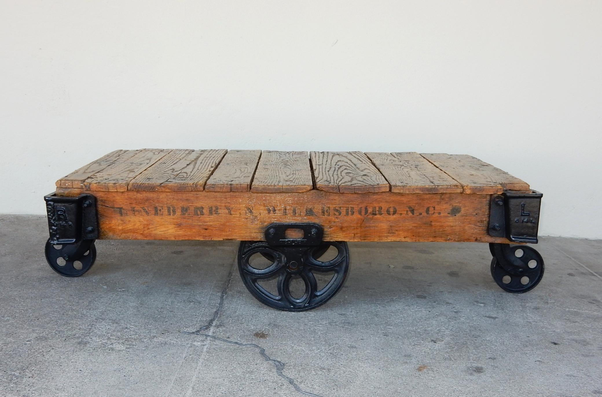 1900's Industrial Oak and Iron Mill Trolley Cart Coffee Table 1