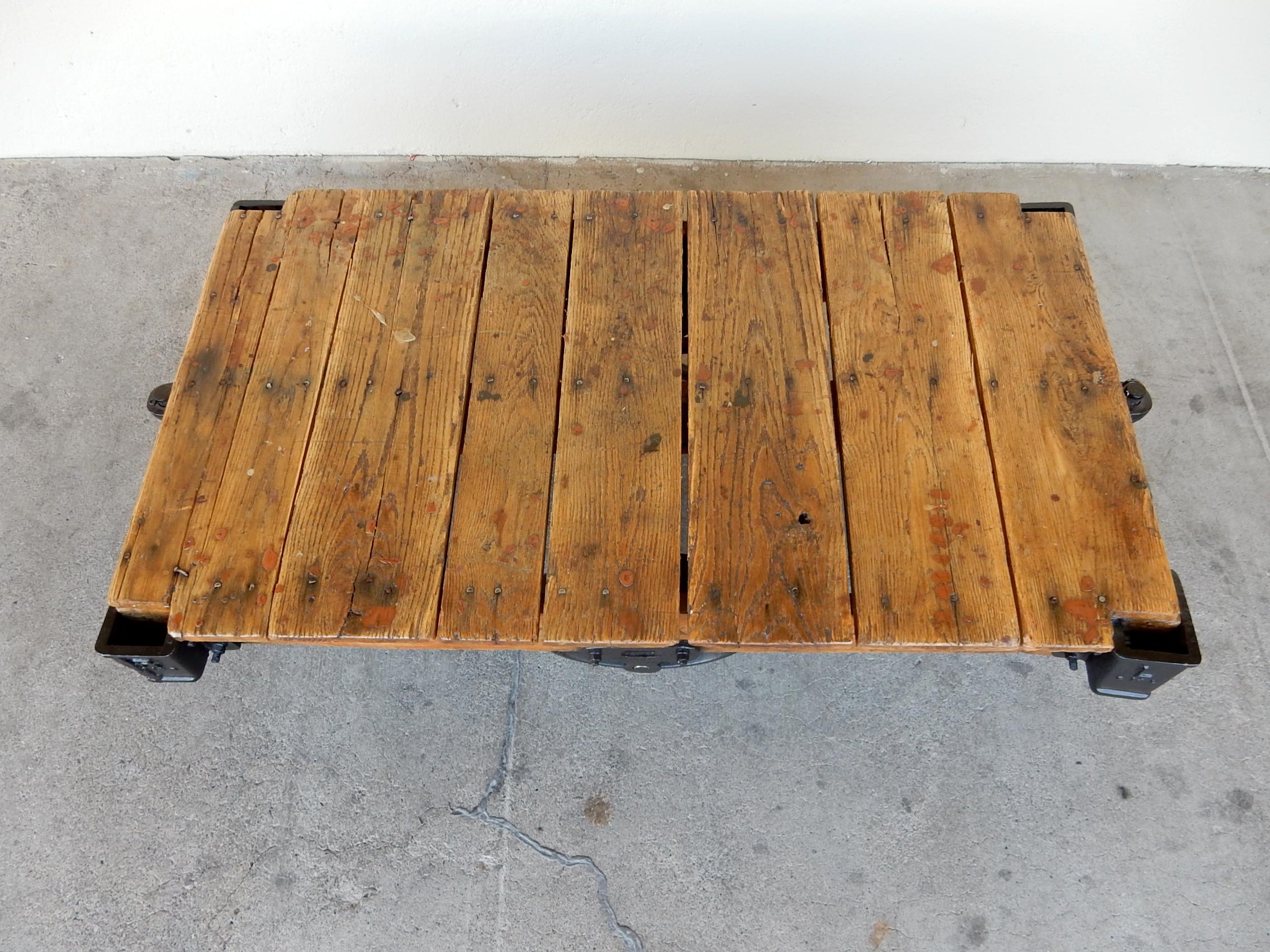 1900's Industrial Oak and Iron Mill Trolley Cart Coffee Table 2