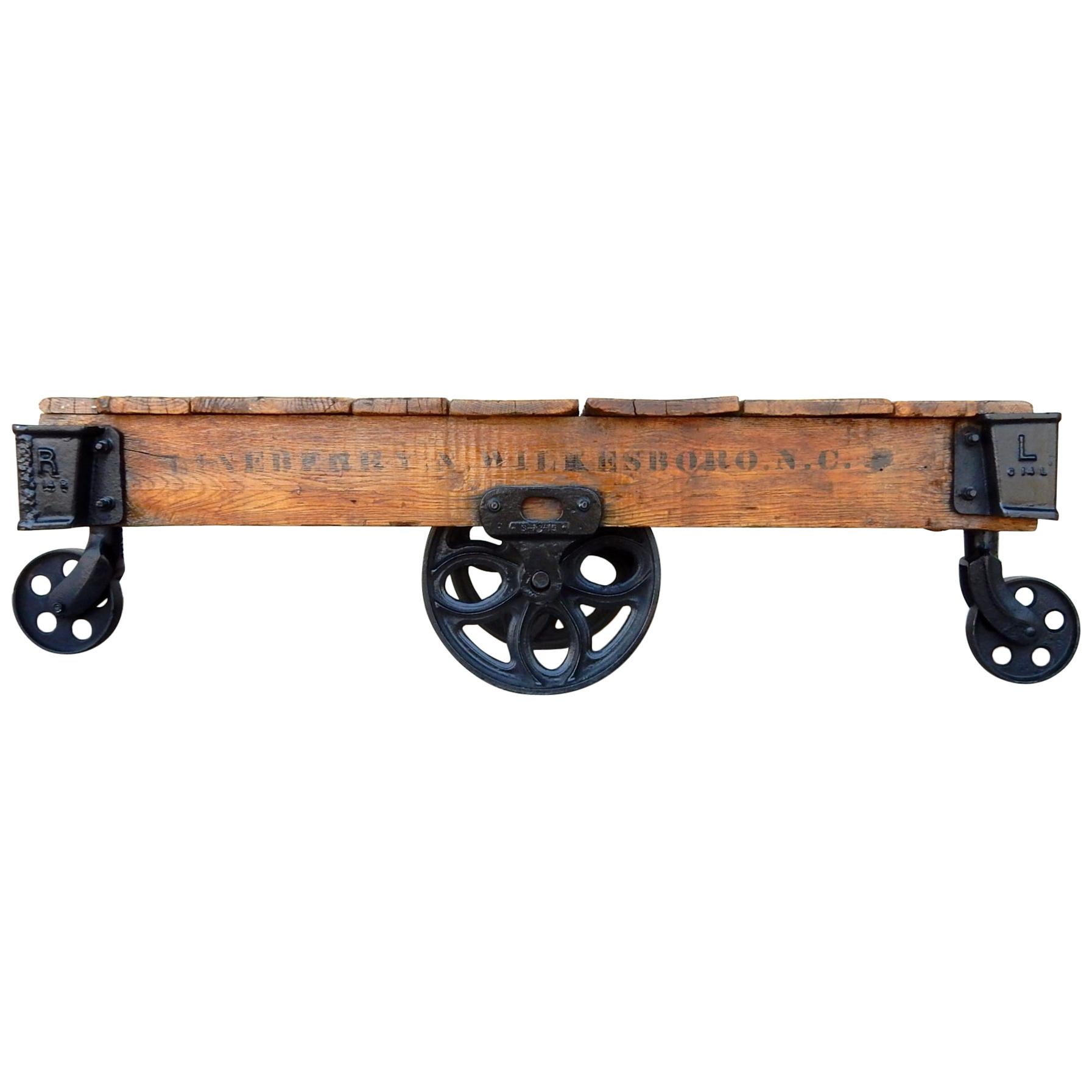 1900's Industrial Oak and Iron Mill Trolley Cart Coffee Table