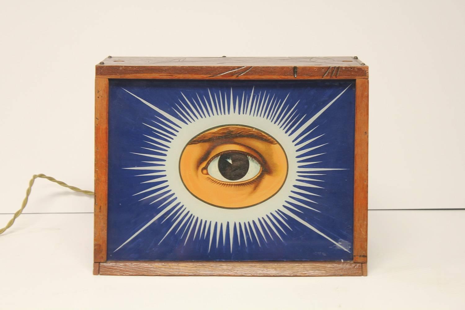 1900s IOOF Odd Fellows All Seeing Eye light up glass sign. Original East Lake wood box. It works.