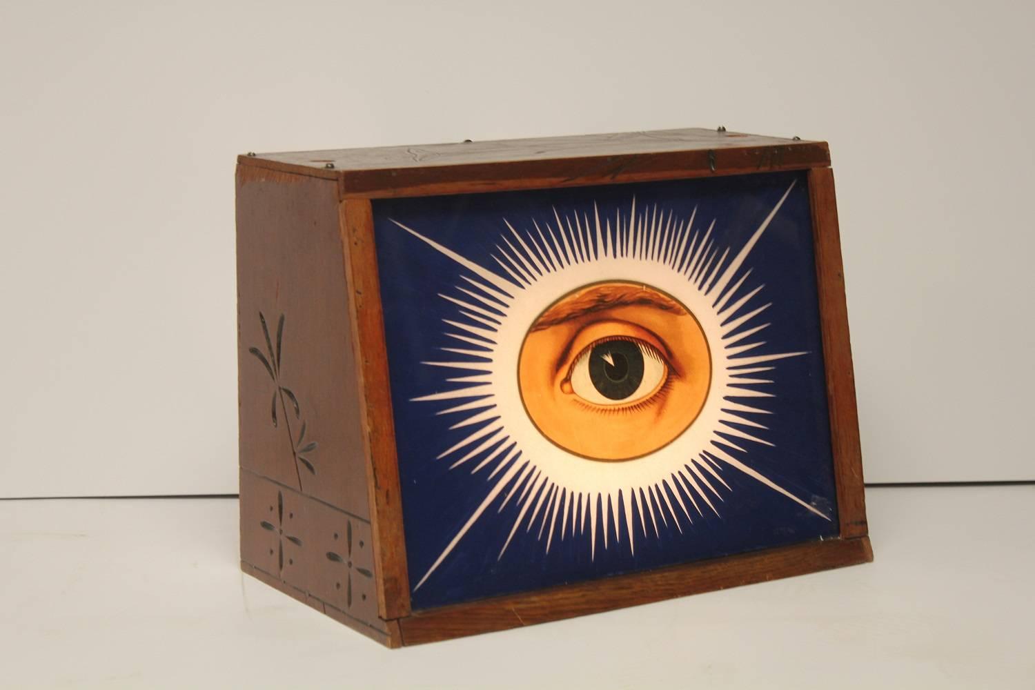 Folk Art 1900s IOOF Odd Fellows All Seeing Eye Light Up Glass Sign