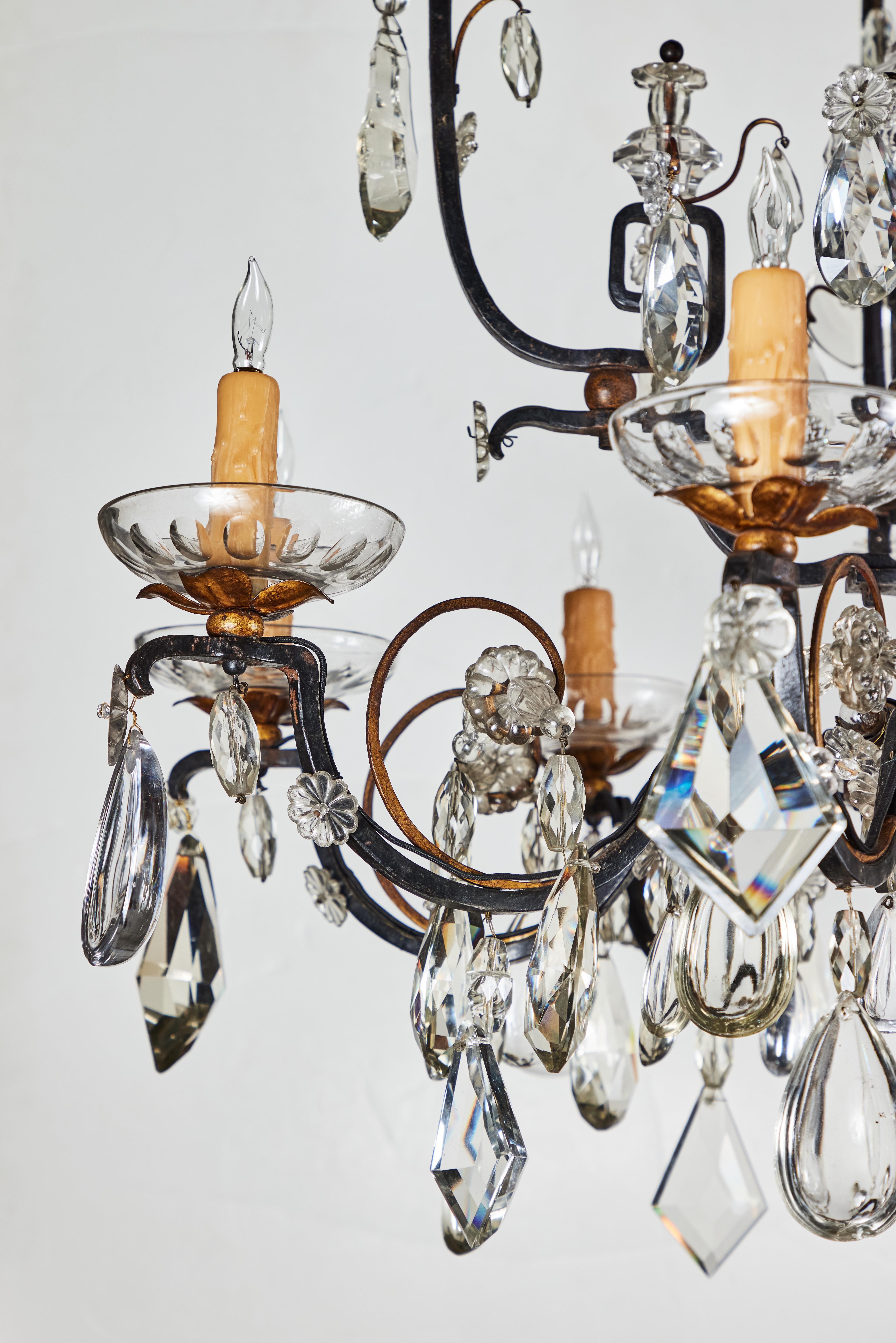 French 1900s, Iron and Crystal Chandelier