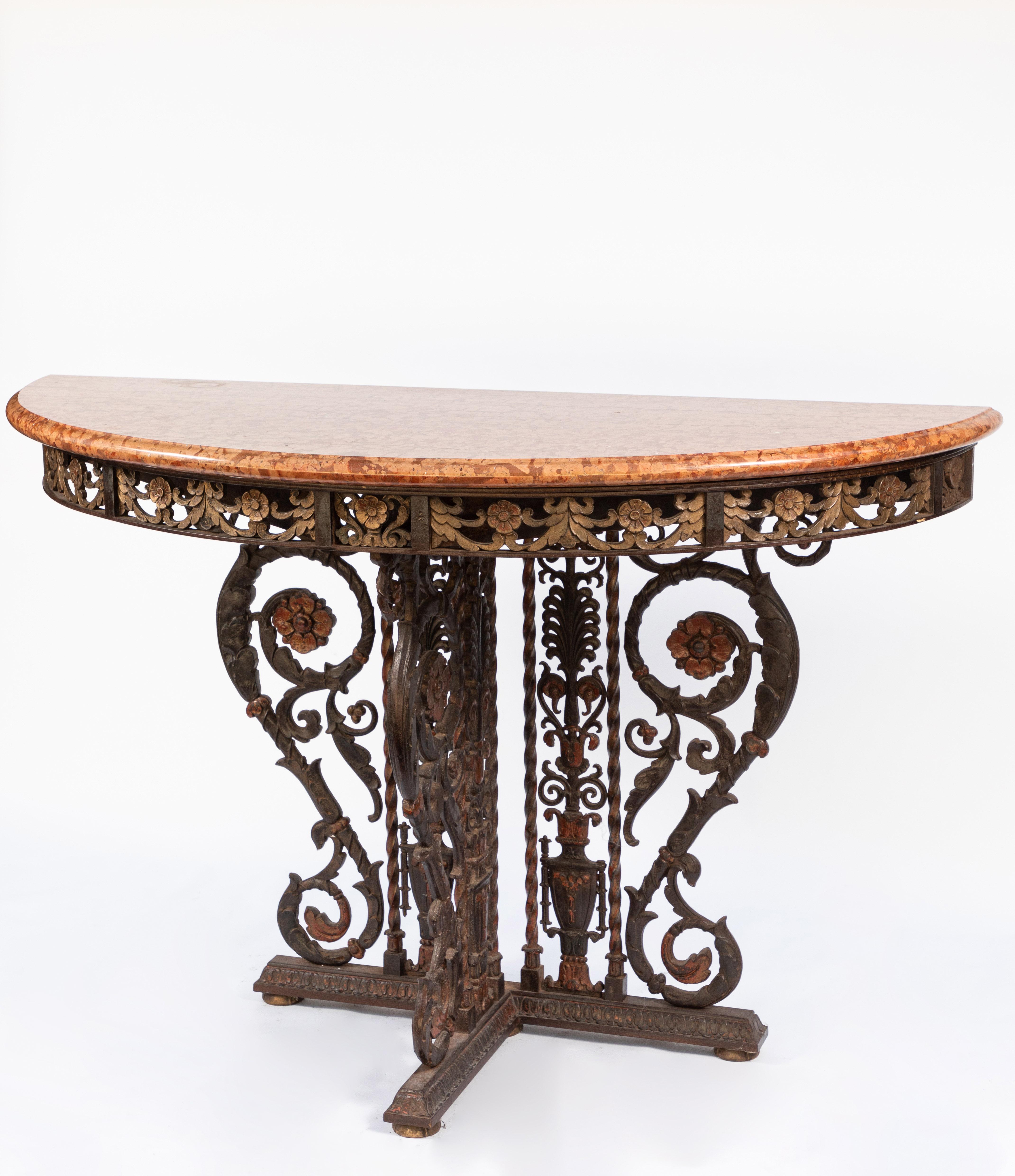 20th Century Italian Bronze and Iron Marble-Top Console In Good Condition For Sale In Los Angeles, CA