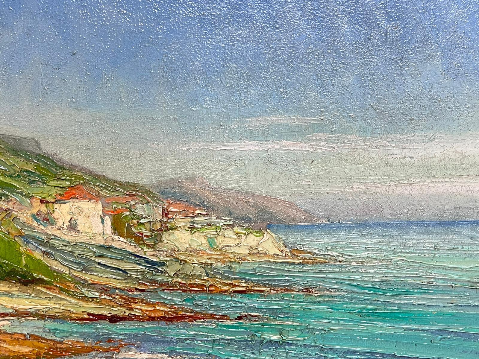 The Italian Coastline Turquoise Sea Signed Antique Impressionist Oil Painting For Sale 1