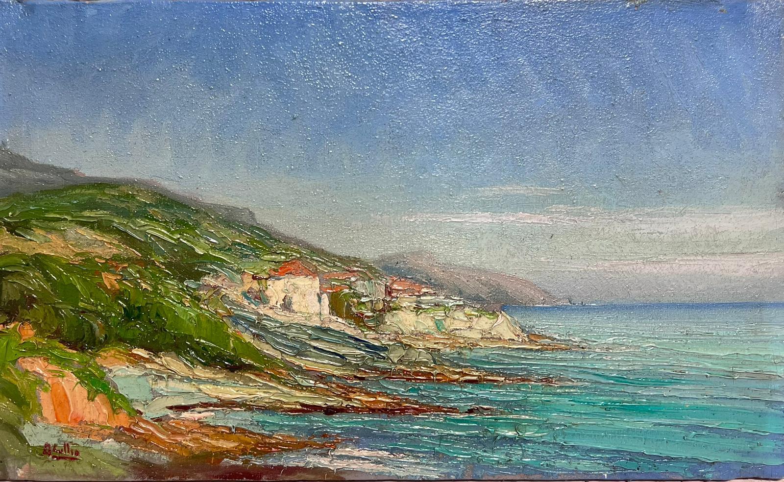 The Italian Coastline Turquoise Sea Signed Antique Impressionist Oil Painting For Sale 2