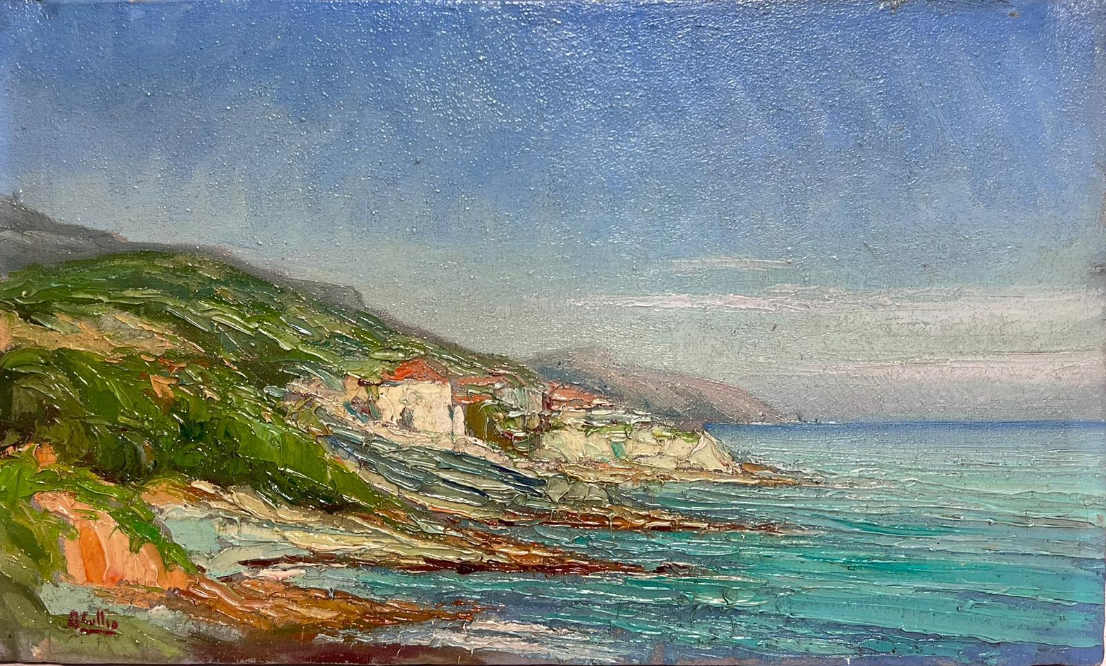 The Italian Coastline Turquoise Sea Signed Antique Impressionist Oil Painting