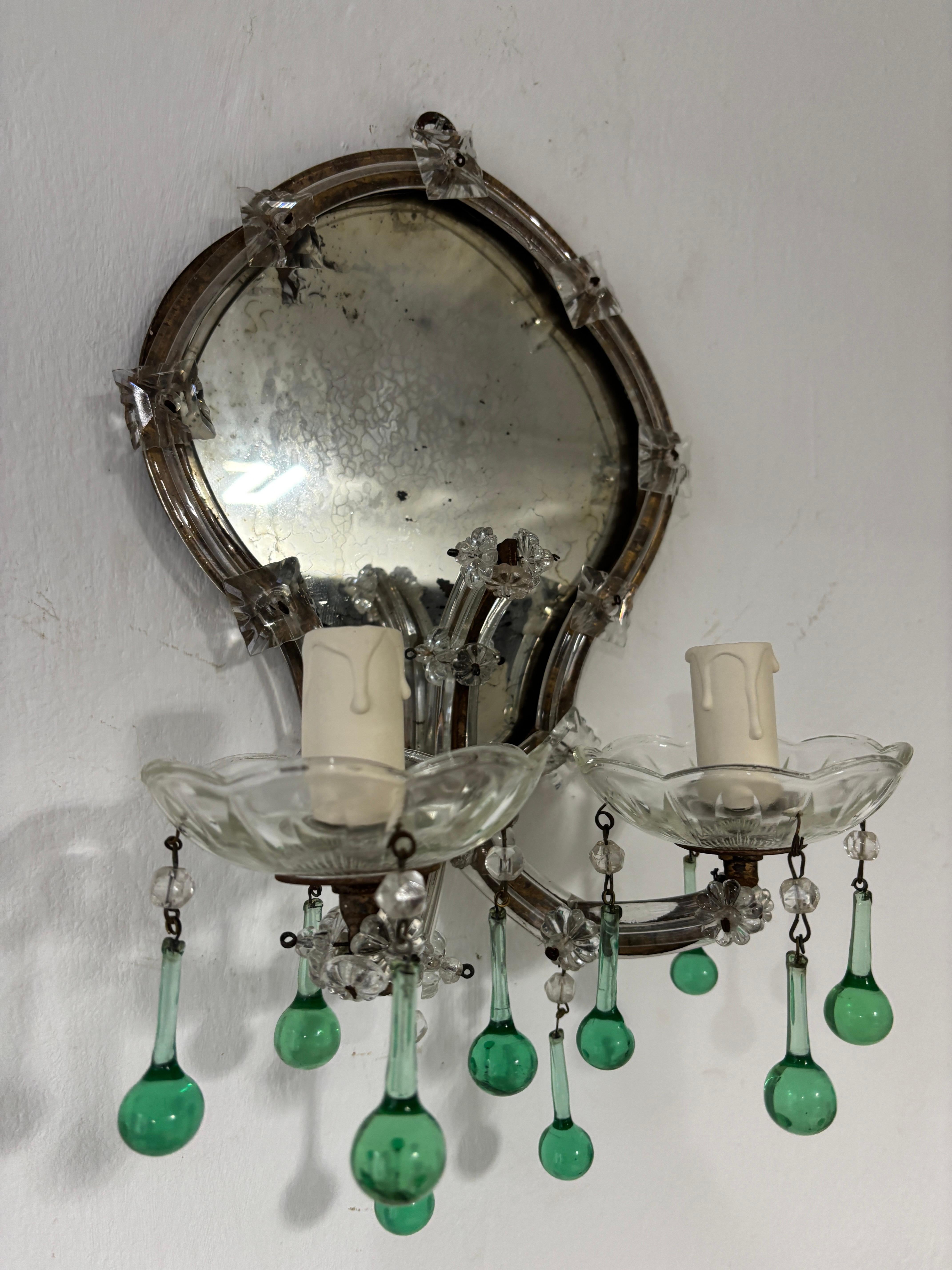 Début du 20ème siècle Rare appliques à miroir italiennes des années 1900 en verre de Murano vert écume de mer en vente