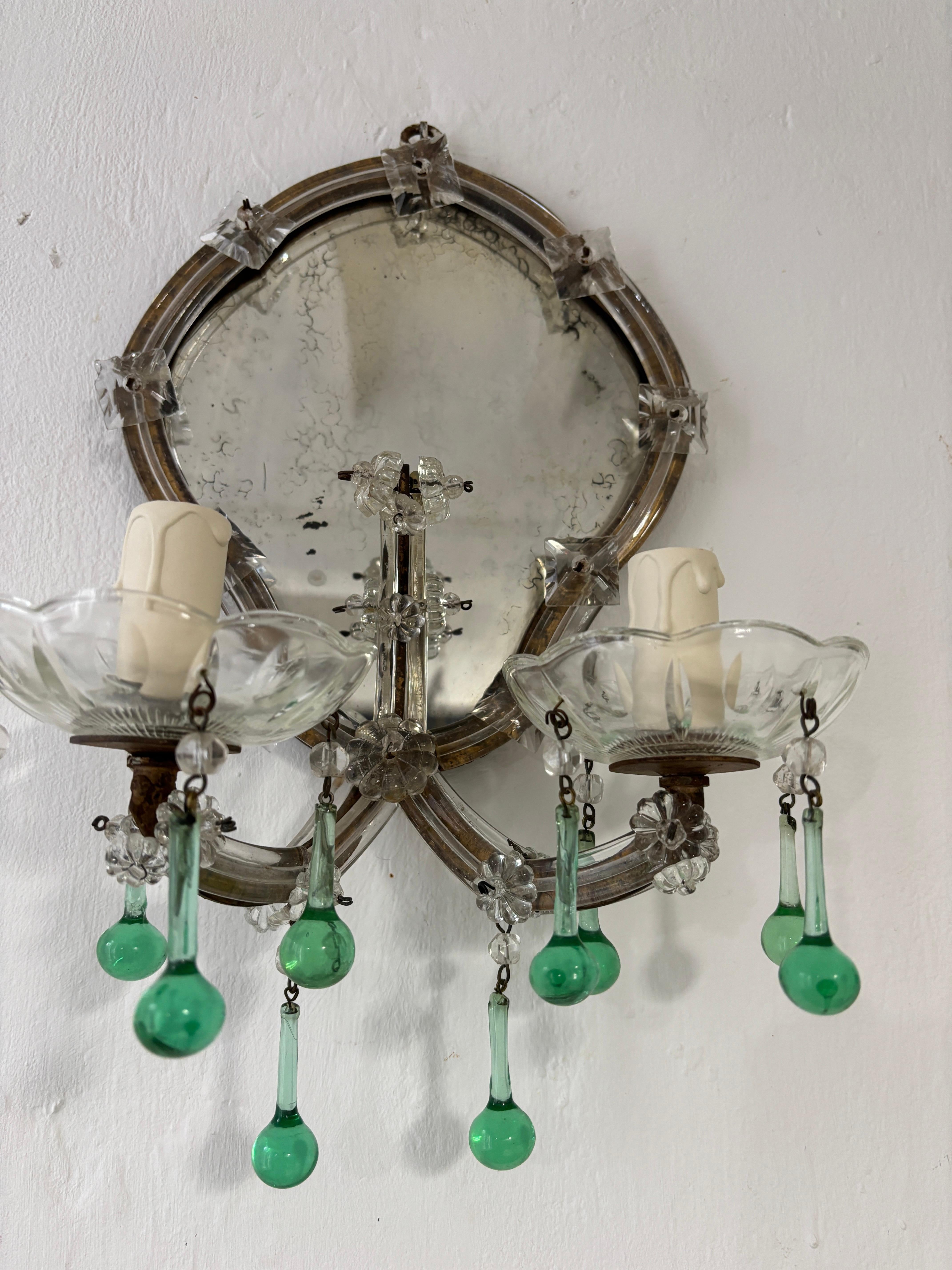 Rare appliques à miroir italiennes des années 1900 en verre de Murano vert écume de mer en vente 2