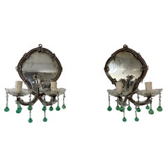 Apliques de Espejo con Gotas de Cristal de Murano Verde Espuma Raros Italianos de 1900