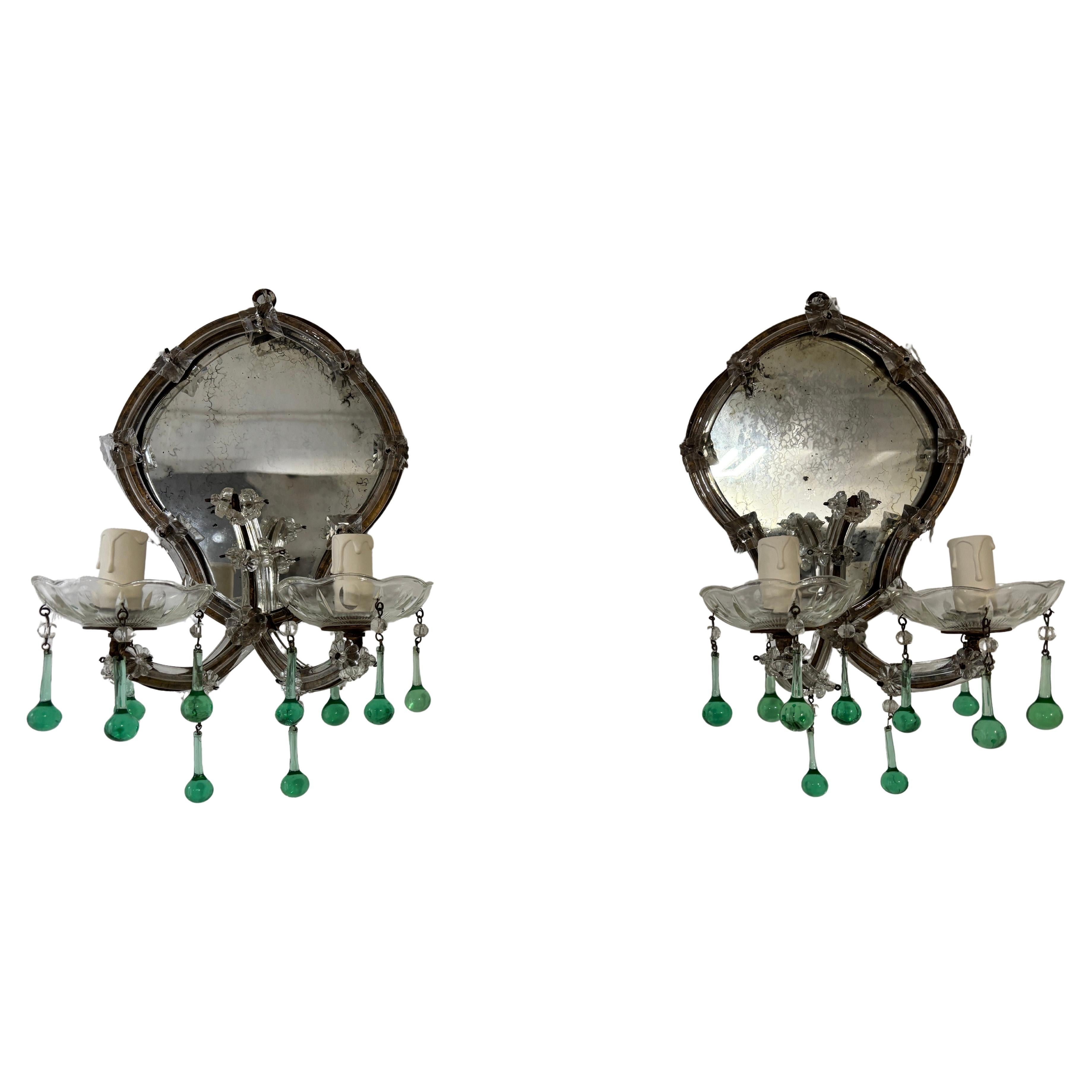 1900s Italian Rare Seafoam Green Murano Glass Drops Mirrored Sconces