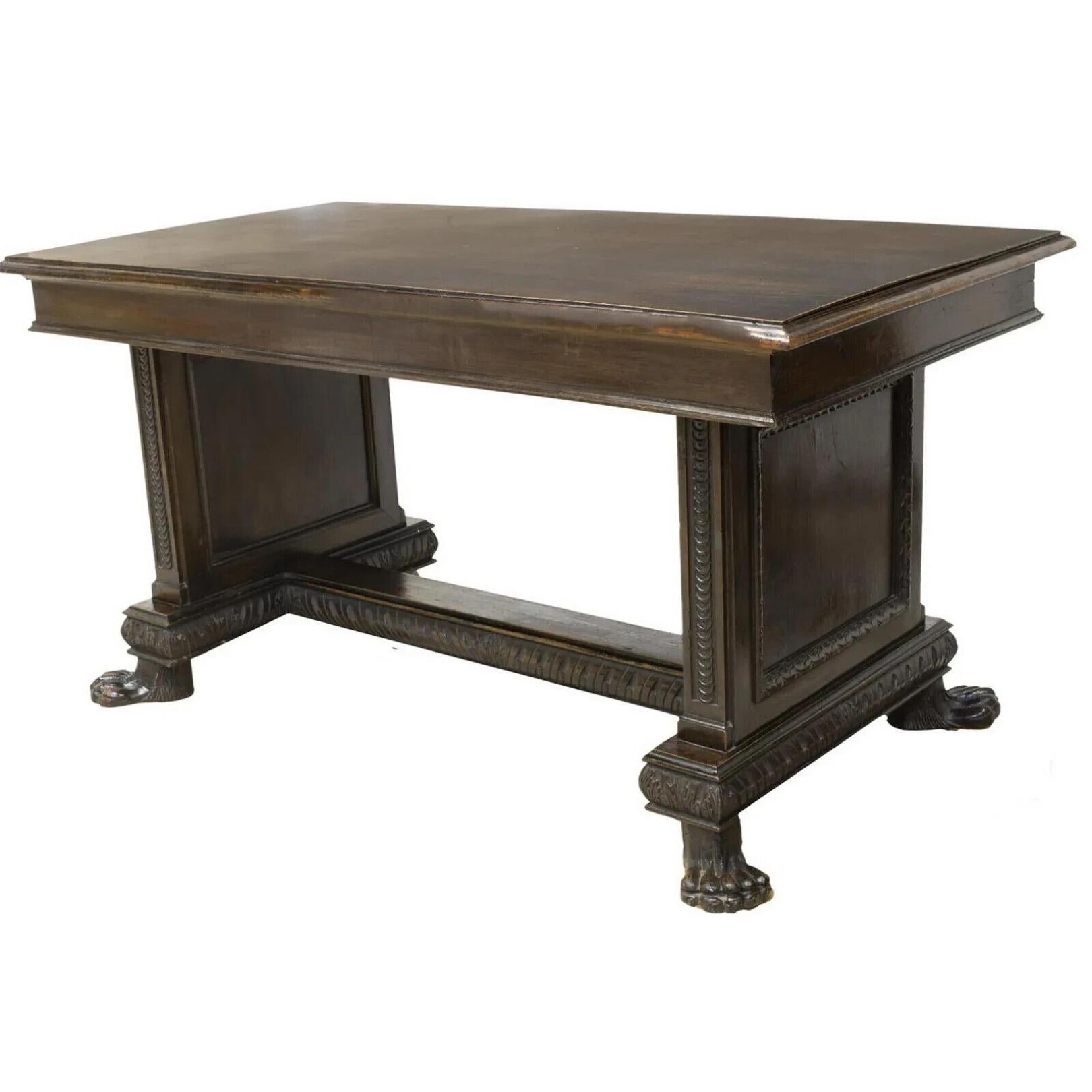 Carved 1900s Italian Renaissance Revival, Walnut, Trestle Base Library Table!! For Sale