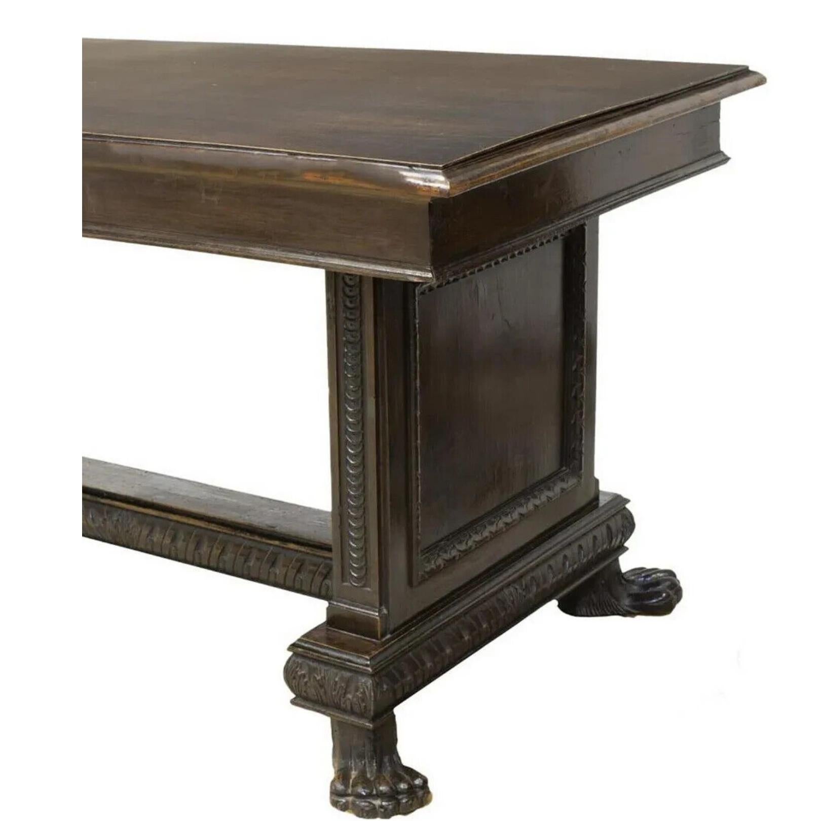 20th Century 1900s Italian Renaissance Revival, Walnut, Trestle Base Library Table!! For Sale