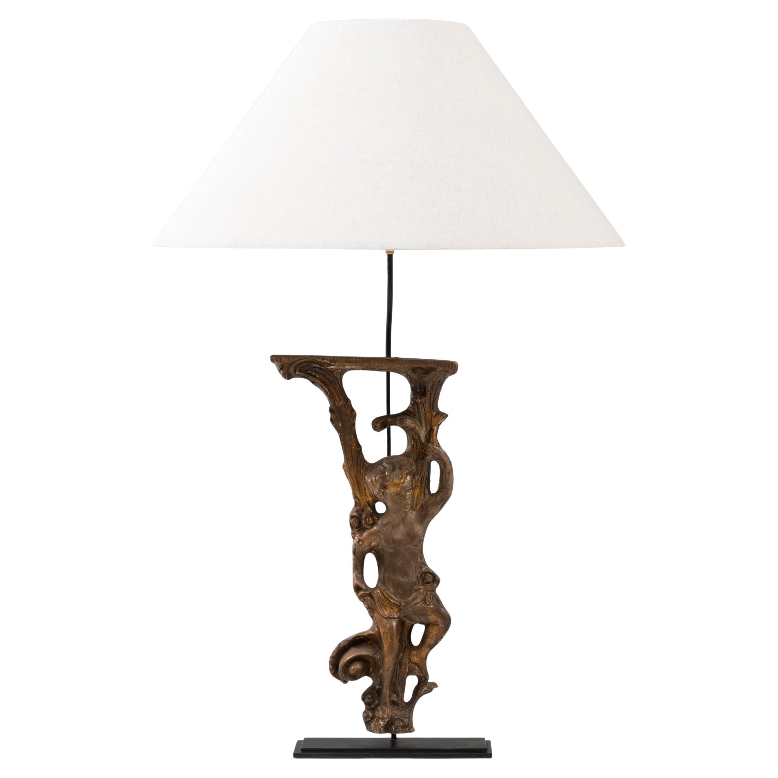 1900s Italian Wood Carved Table Lamp On Metal Base