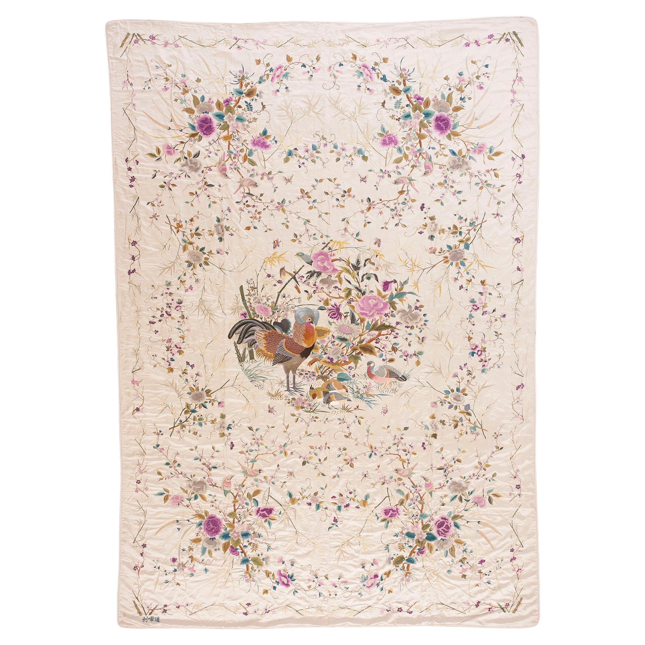 1900s Ivory Floral Tapestry Chinese Silk Embroidery 5
10" x 9
 Wall Hanging For Sale