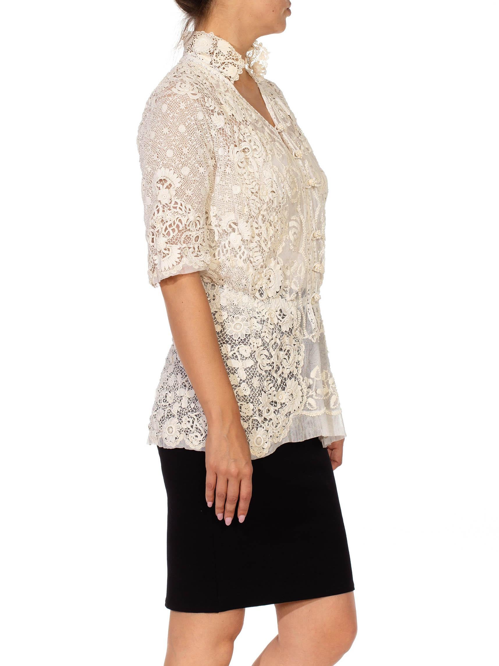 Beige 1900S Ivory Organic Cotton Irish Crochet  Blouse For Sale