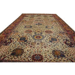 1900s Ivory Red Antique Islimi Design Agra Indian Lahore Knotted Gallery Carpet