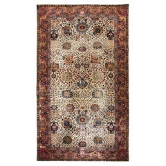 1900s Ivory Red Antique Islimi Design Agra Indian Lahore Knotted Gallery Carpet