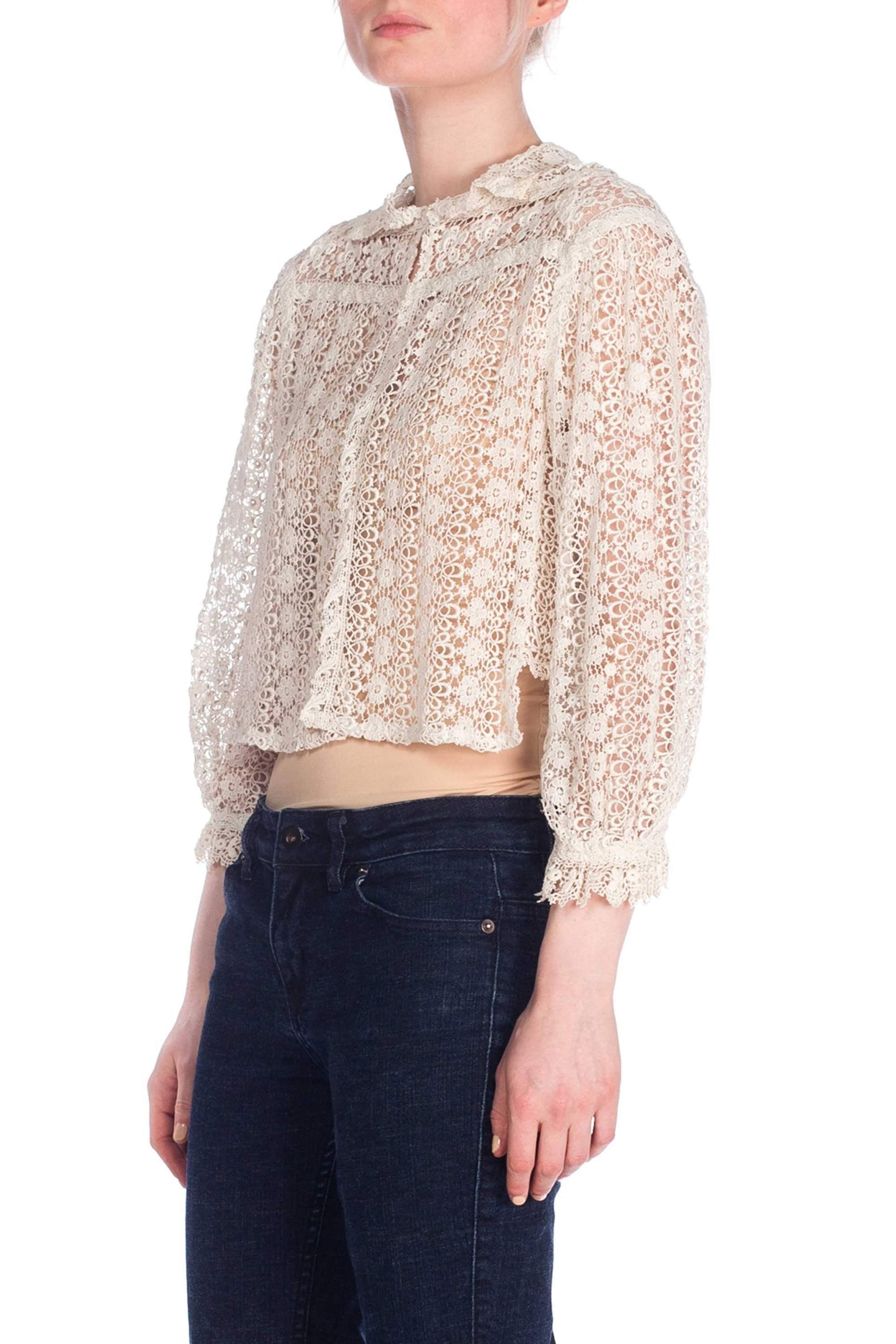 Edwardian Off White Cotton Thick Crochet Style Lace Jacket Top With 3/4 Length Sleeves