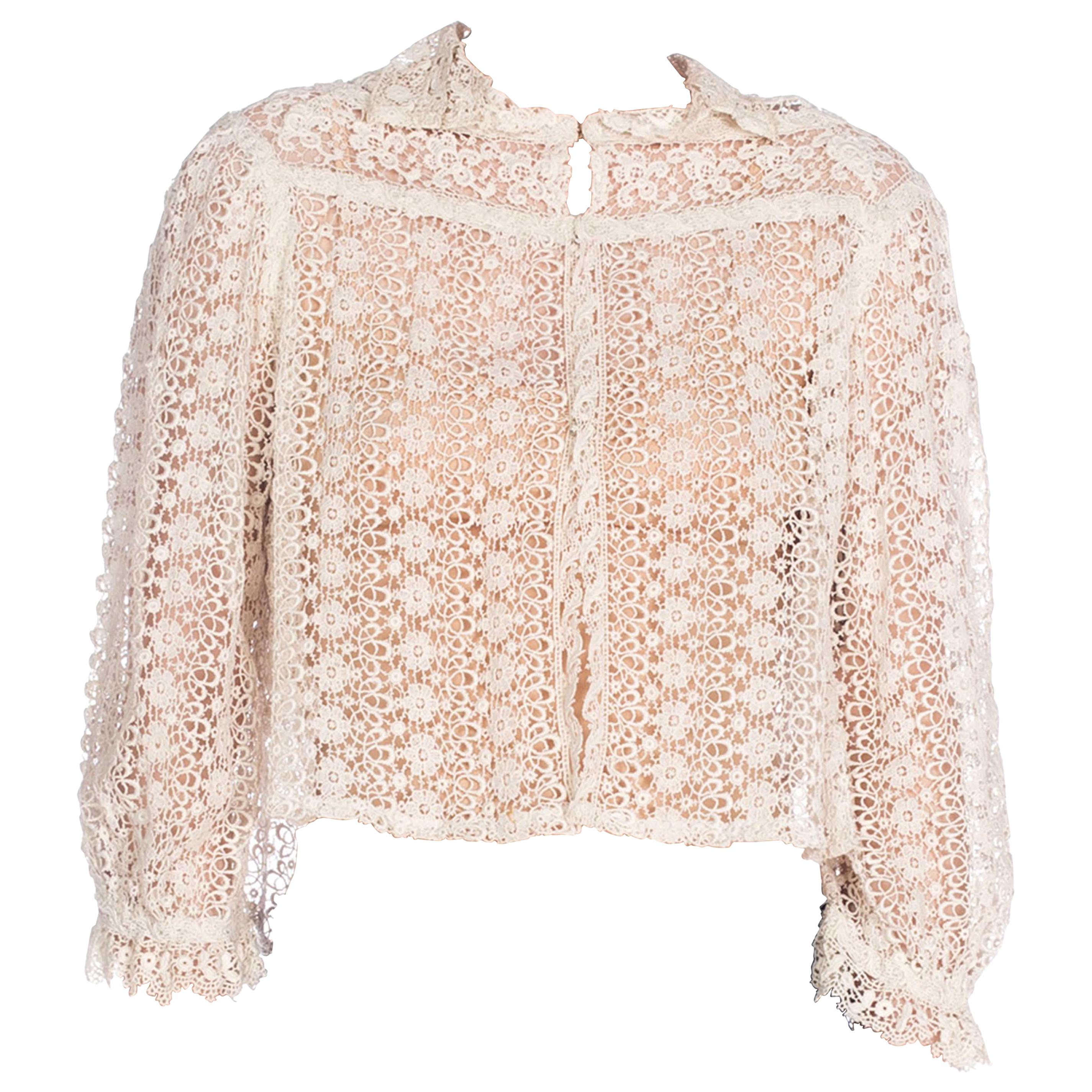 Edwardian Off White Cotton Thick Crochet Style Lace Jacket Top With 3/4 Length  For Sale
