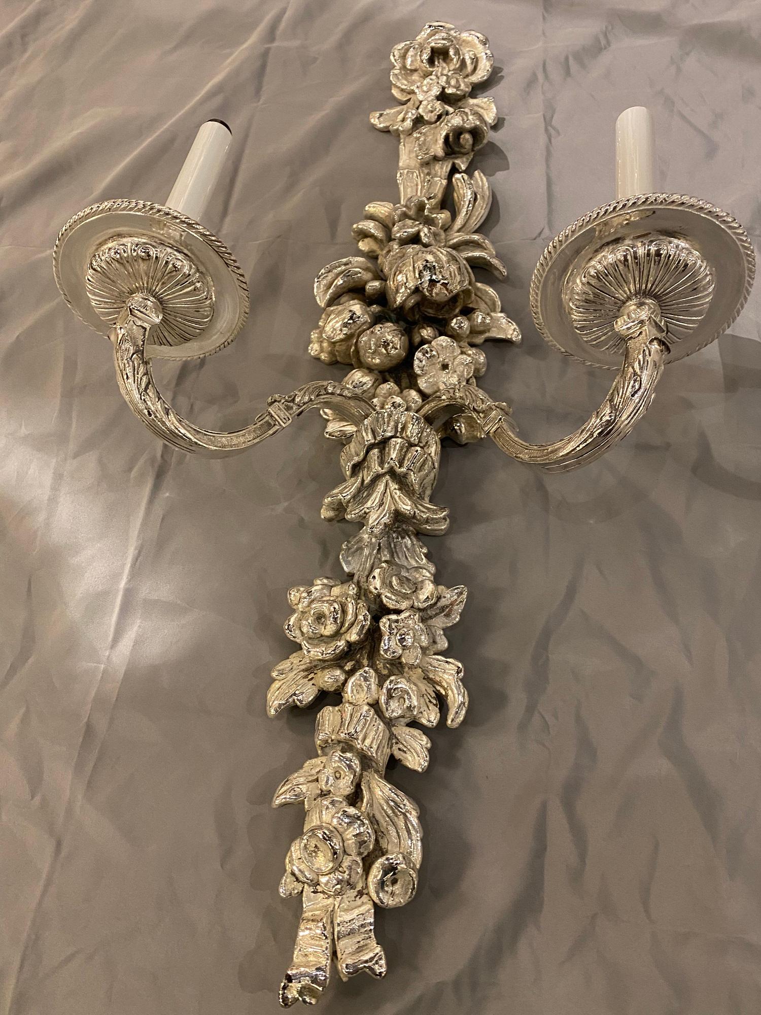 American Classical 1900s Large Caldwell Silver Plated Sconces with flower design  For Sale