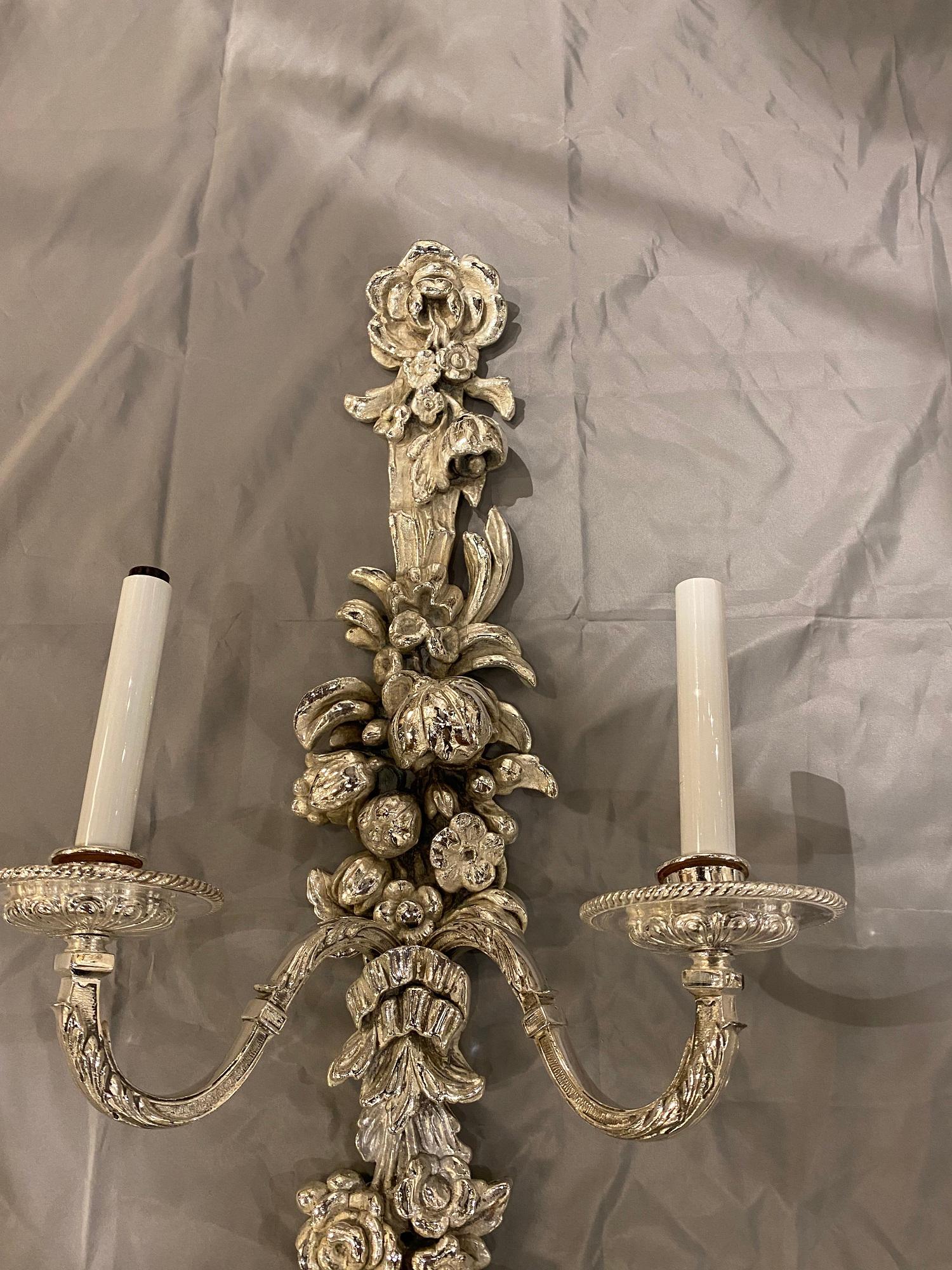 American 1900s Large Caldwell Silver Plated Sconces with flower design  For Sale