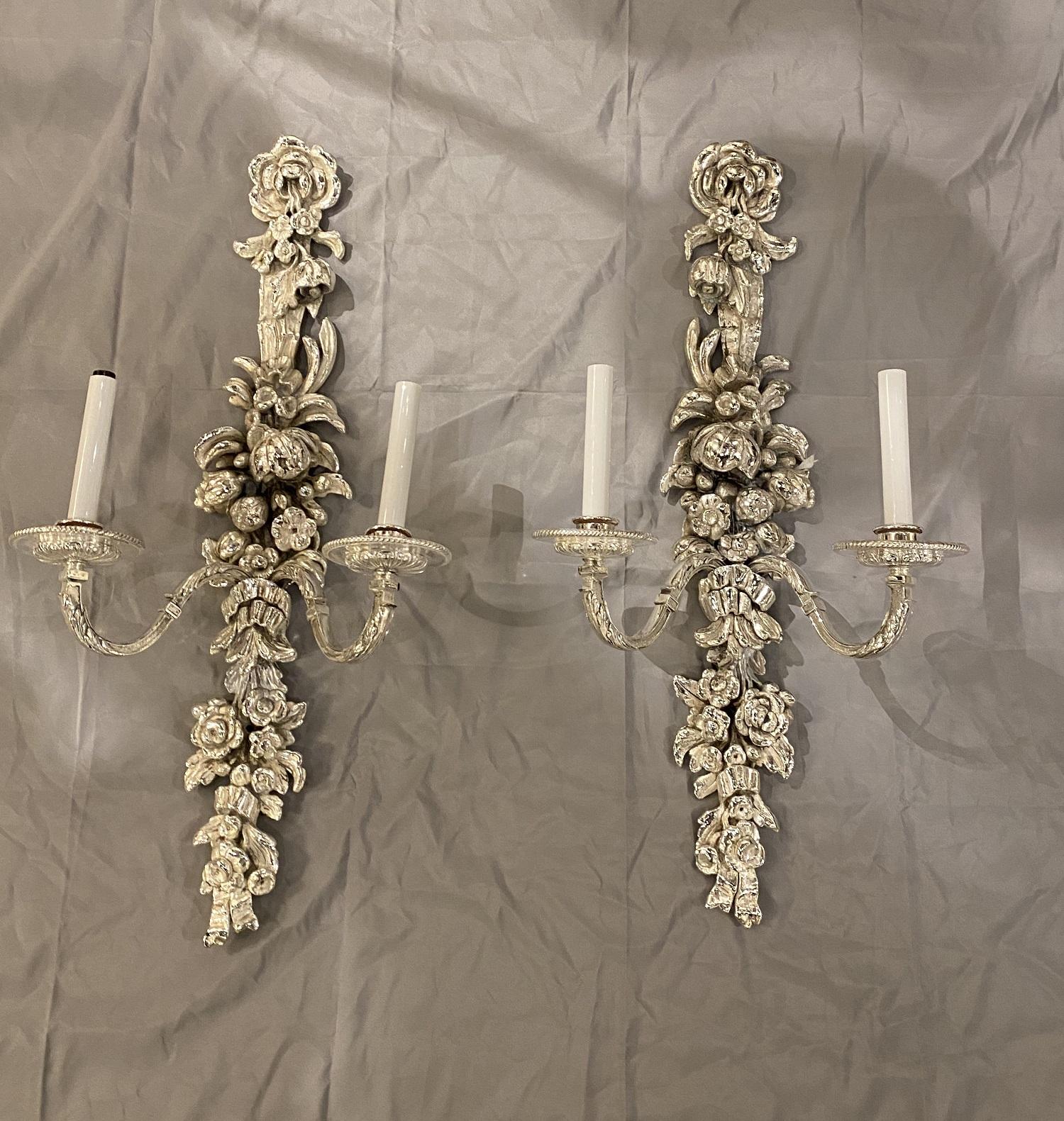 1900s Large Caldwell Silver Plated Sconces with flower design  In Good Condition For Sale In New York, NY