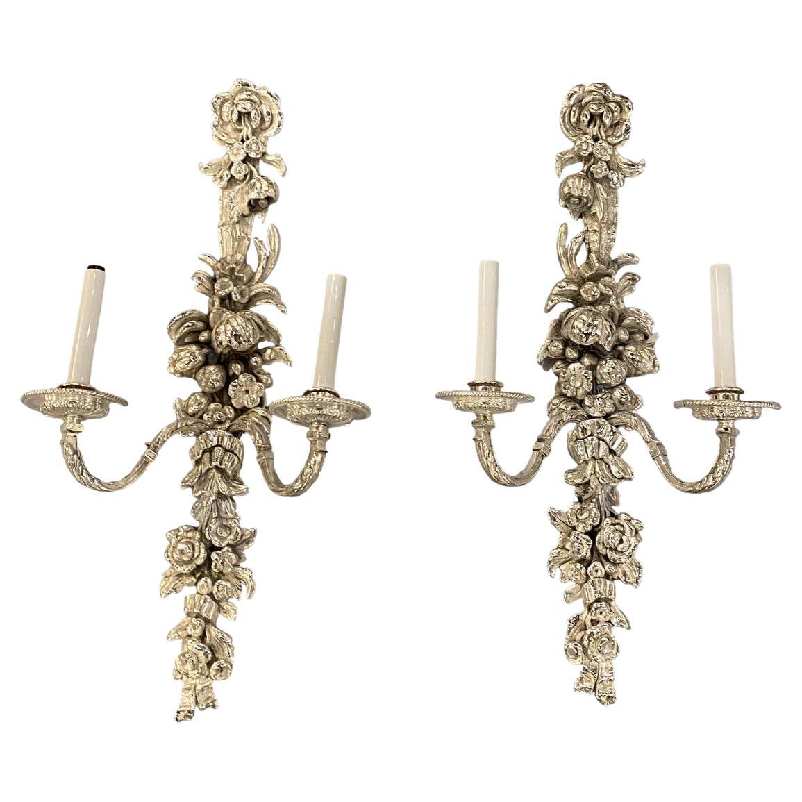 1900s Large Caldwell Silver Plated Sconces with flower design  For Sale