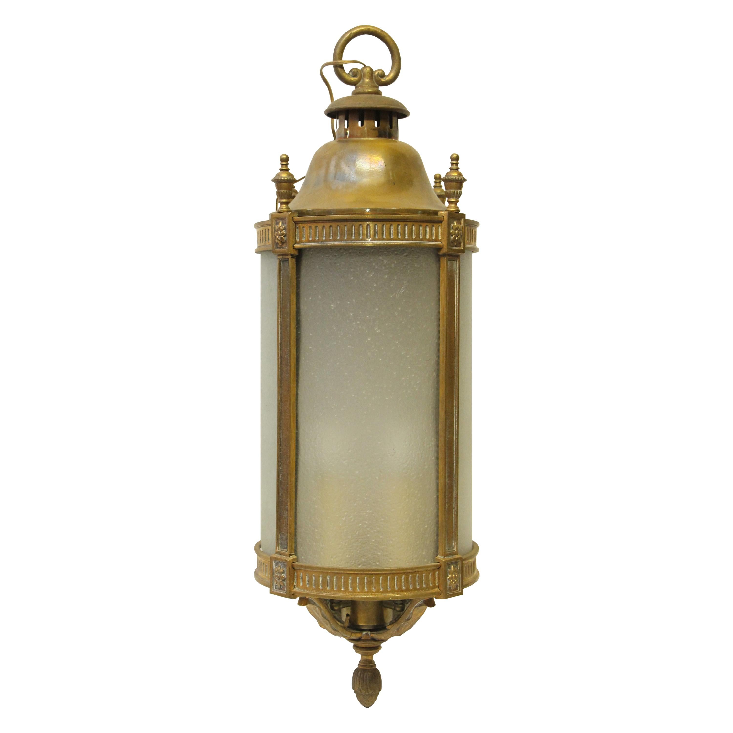 1900s Large Scale Bronze and Frosted Glass Lantern Pendant