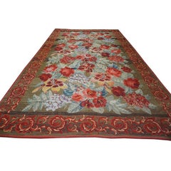 1900s Large Scale Olive Antique French Floral European Folk Besserabian Wool Rug