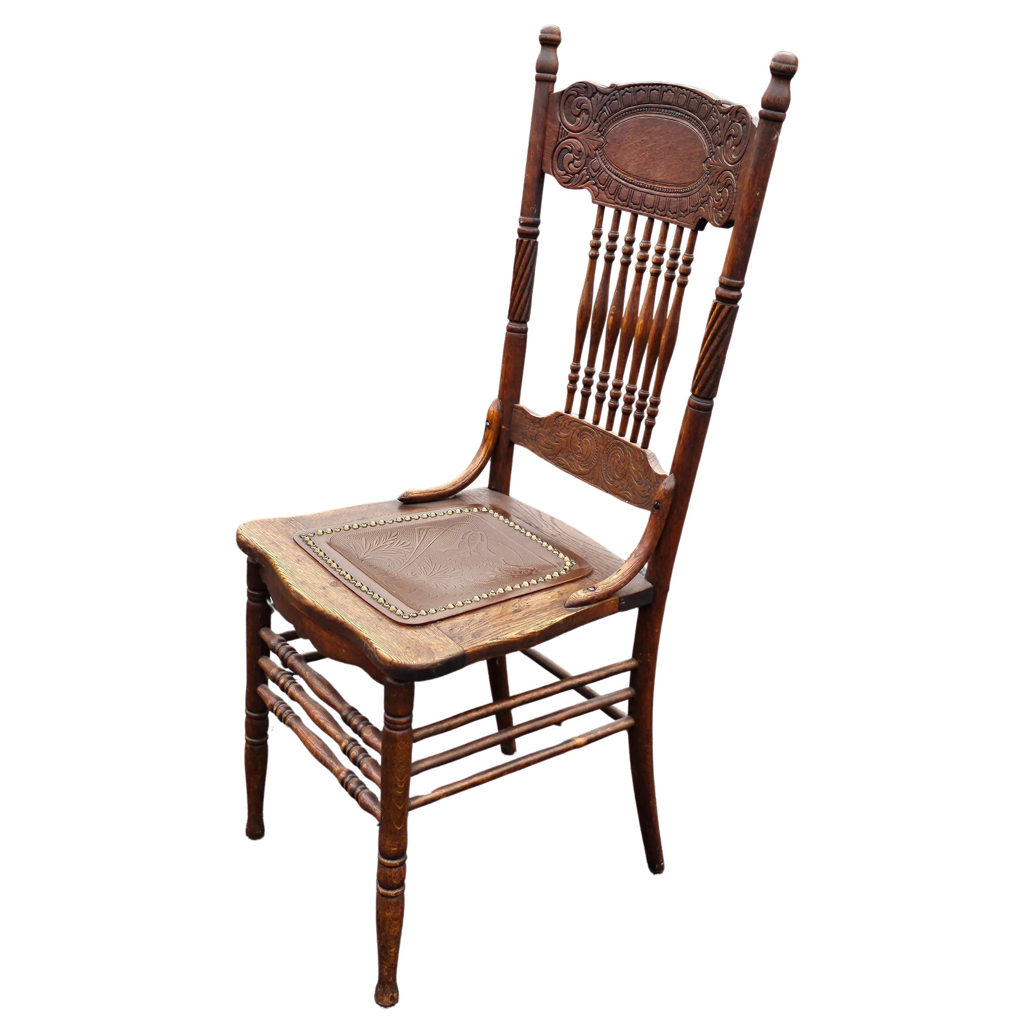 American 1900s Larkin Soap Co. Spindle Oak & Embossed Leather Cushion Side Chairs, Pair  For Sale