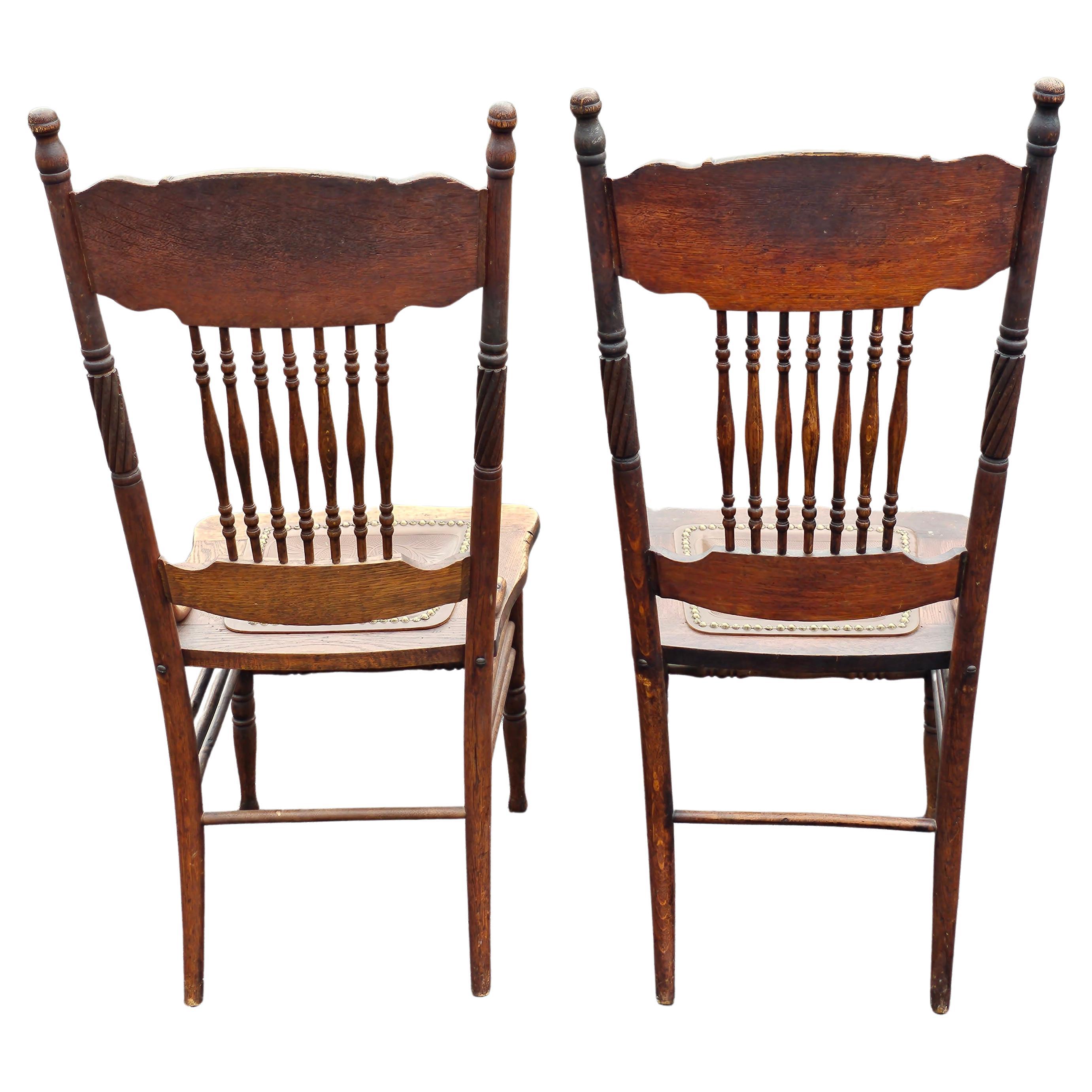 Etched 1900s Larkin Soap Co. Spindle Oak & Embossed Leather Cushion Side Chairs, Pair  For Sale