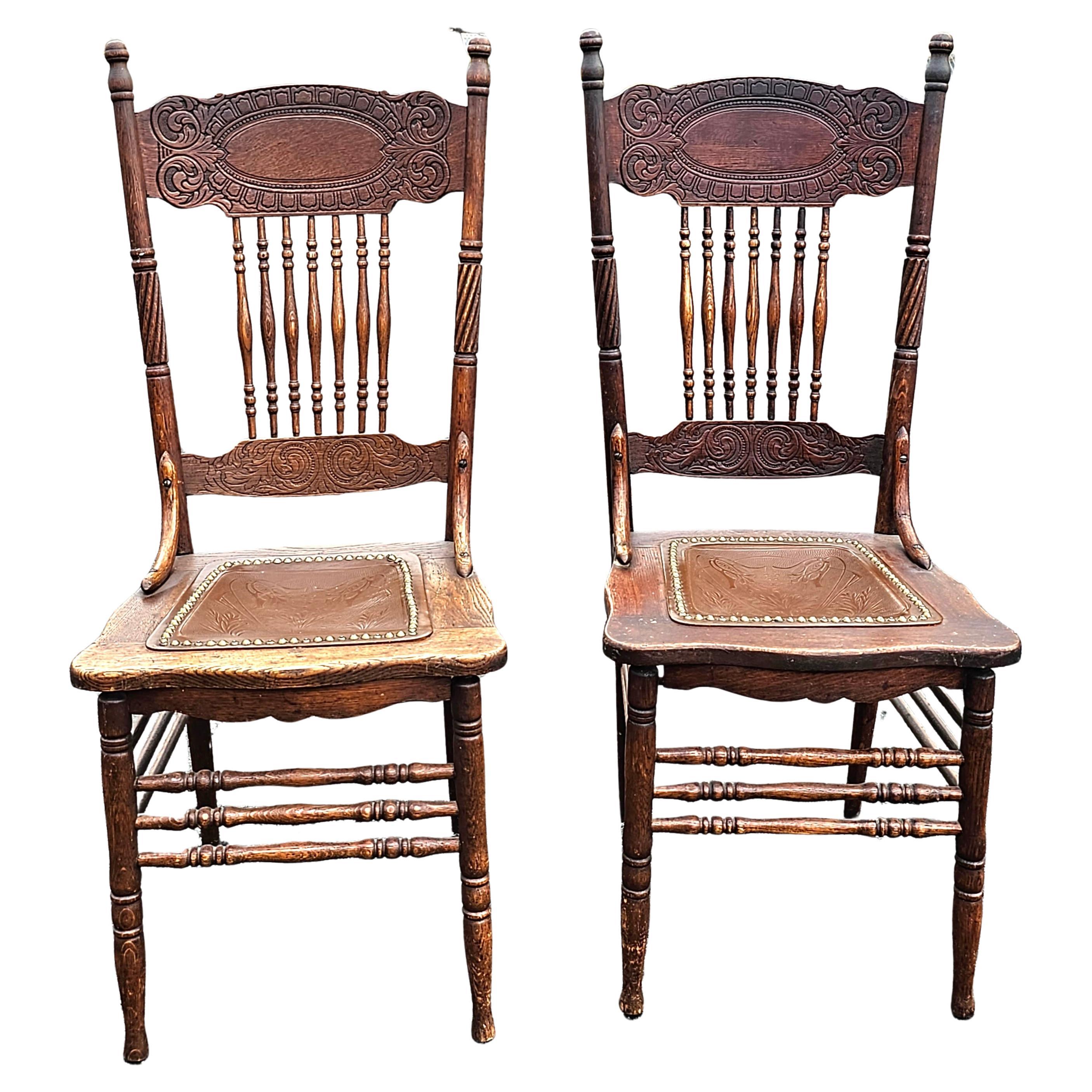 1900s Larkin Soap Co. Spindle Oak & Embossed Leather Cushion Side Chairs, Pair 