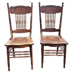 Antique 1900s Larkin Soap Co. Spindle Oak & Embossed Leather Cushion Side Chairs, Pair 