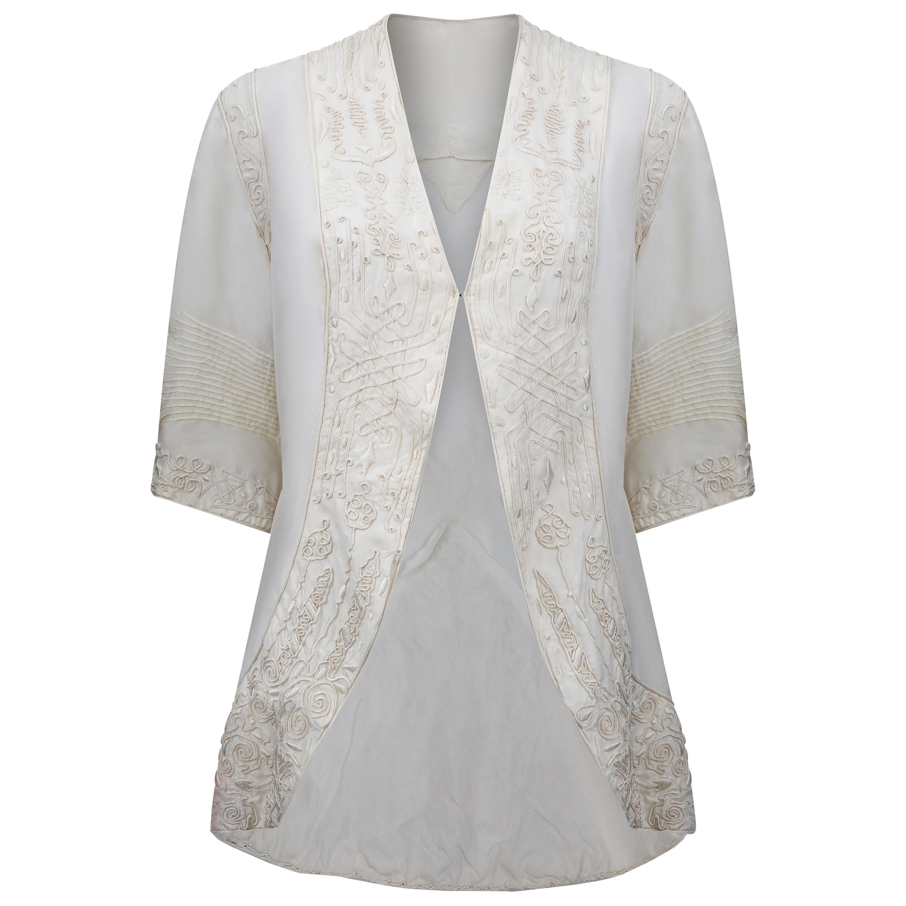1900s  Late Edwardian Embroidered Soutache Ivory Silk Jacket