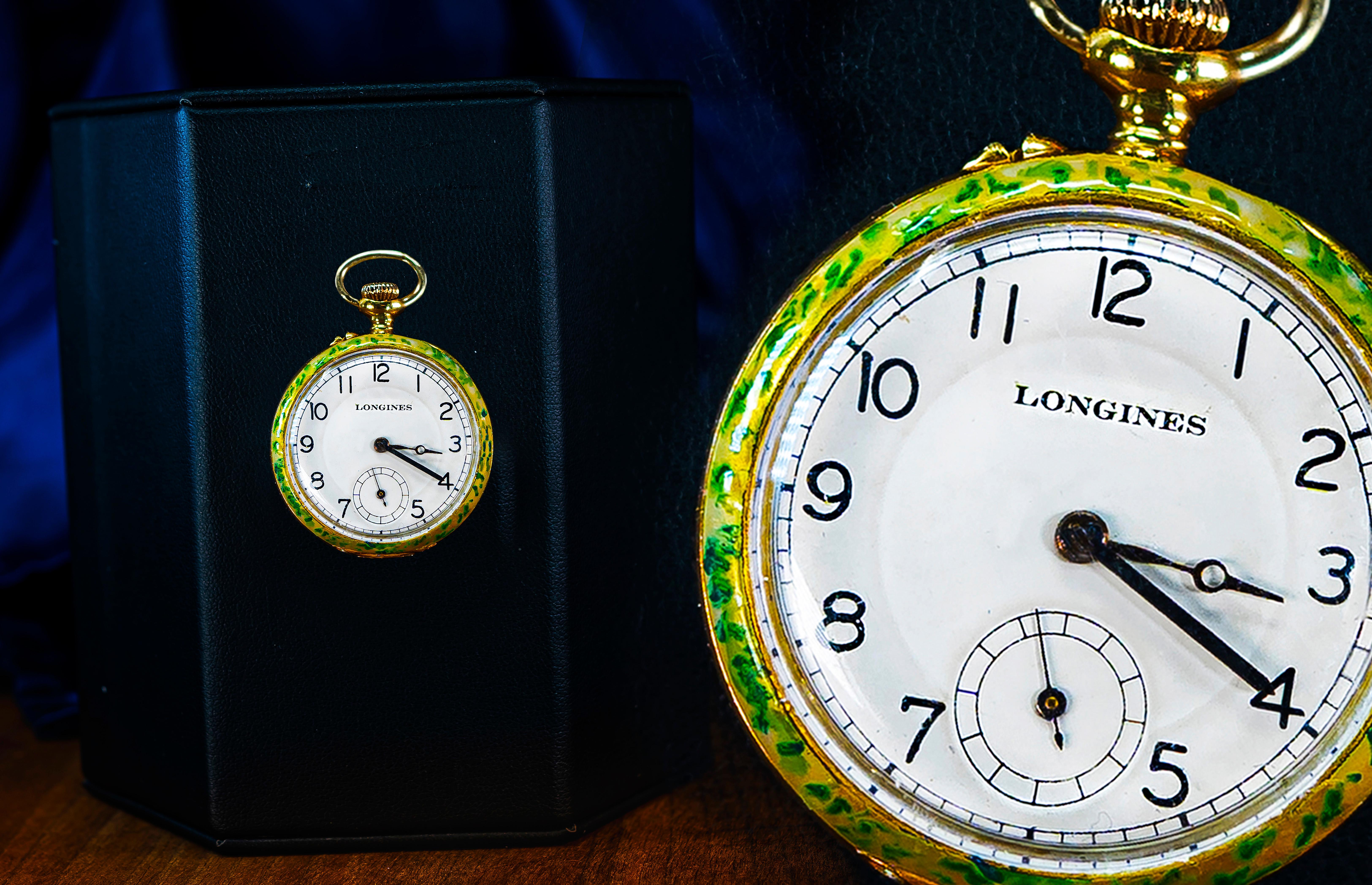 1900s Longines 18kt Enamel Royal Kensington Gardens Swans Pendant Pocket Watch For Sale 2