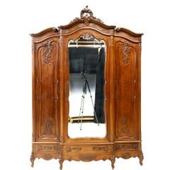 1900s Louis XV Style Breakfront, Mirrored, Crest, 3 Drawers, Triple Armoire